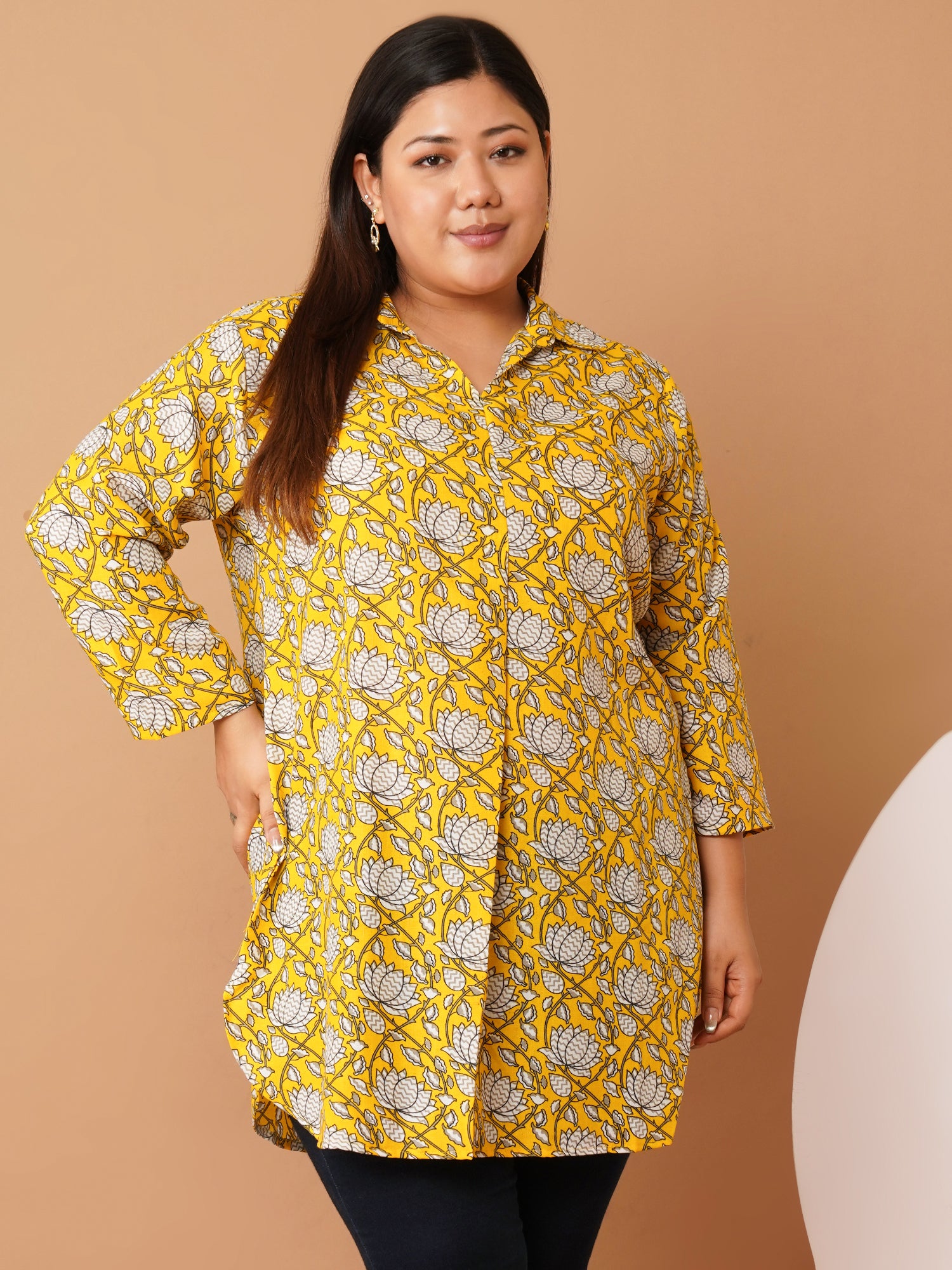 U&F Beyond Plus Size Yellow Floral Printed Longline Shirt Style Top