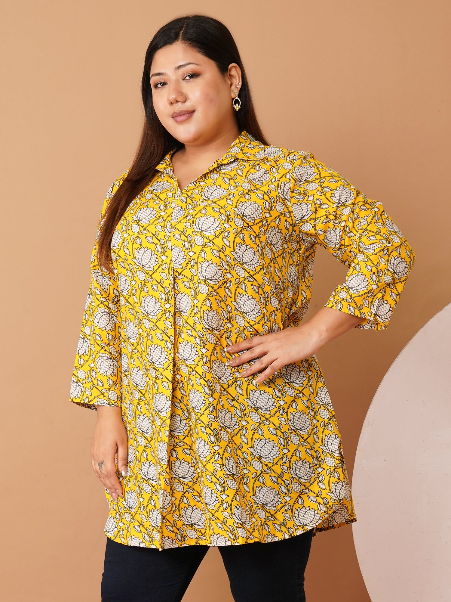 U&F Beyond Plus Size Yellow Floral Printed Longline Shirt Style Top