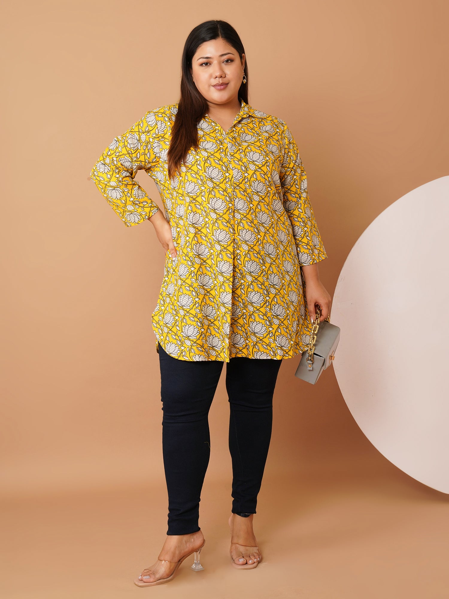 U&F Beyond Plus Size Yellow Floral Printed Longline Shirt Style Top
