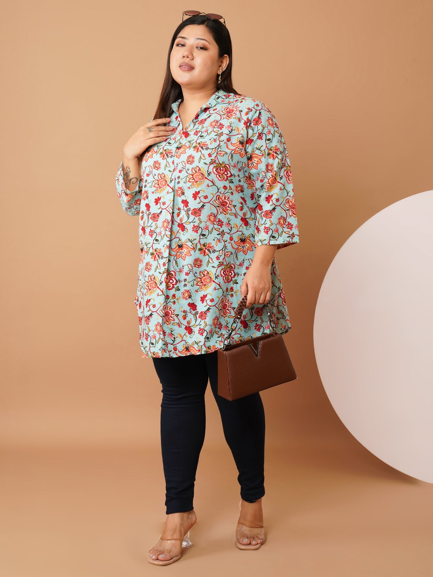 U&F Beyond Plus Size Green Floral Printed Longline Shirt Style Top