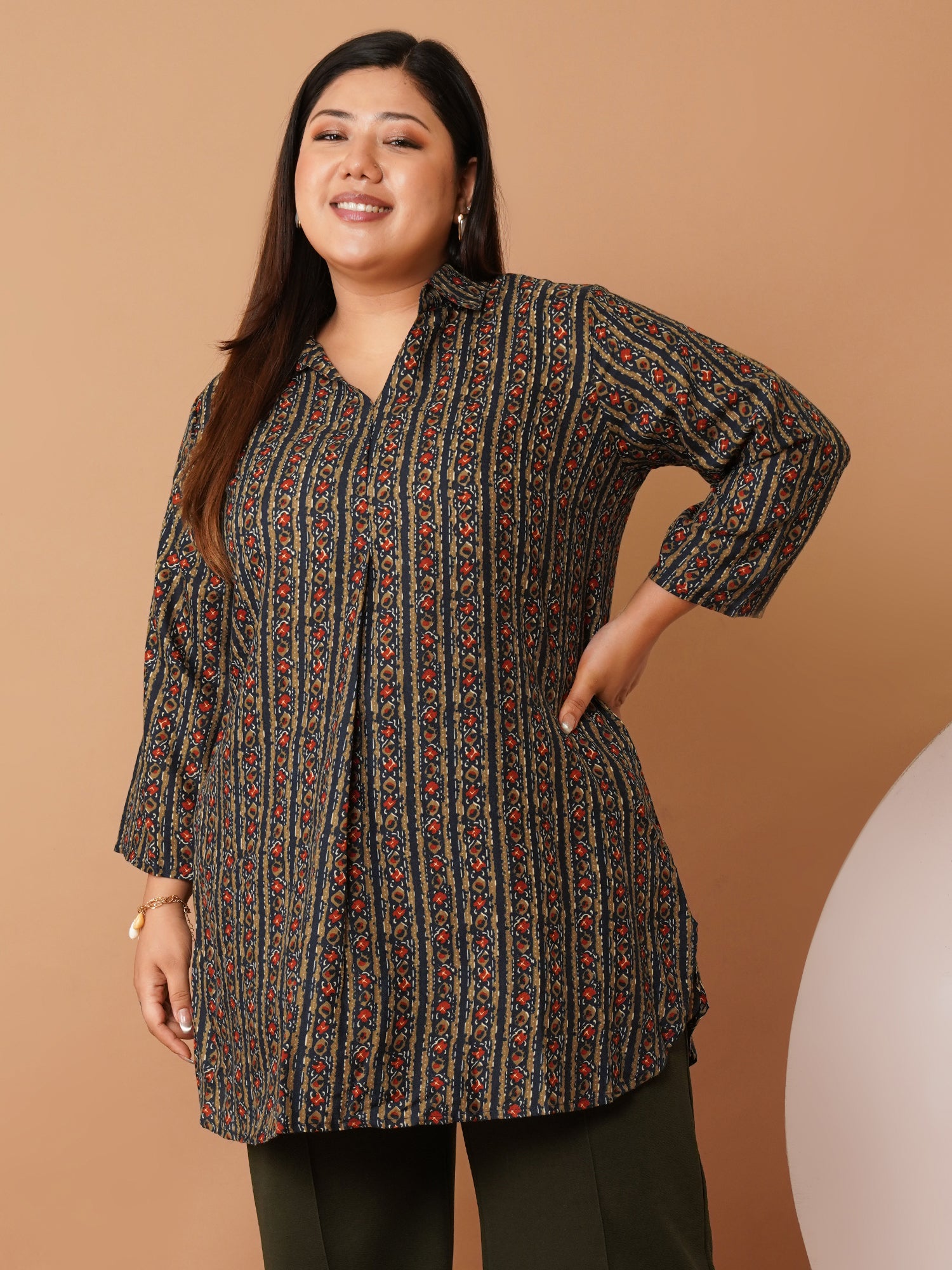 U&F Beyond Navy Blue Crepe Printed Longline Shirt Style Top