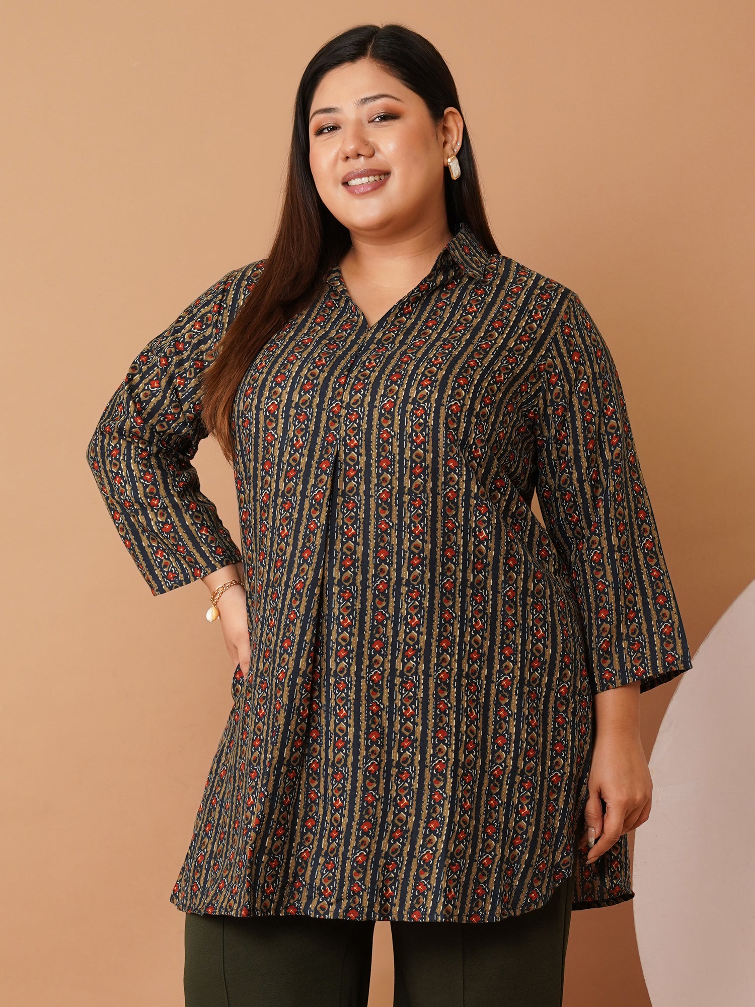 U&F Beyond Navy Blue Crepe Printed Longline Shirt Style Top