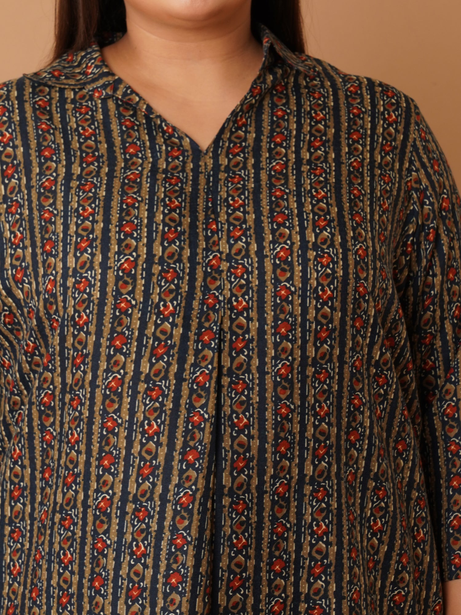 U&F Beyond Navy Blue Crepe Printed Longline Shirt Style Top