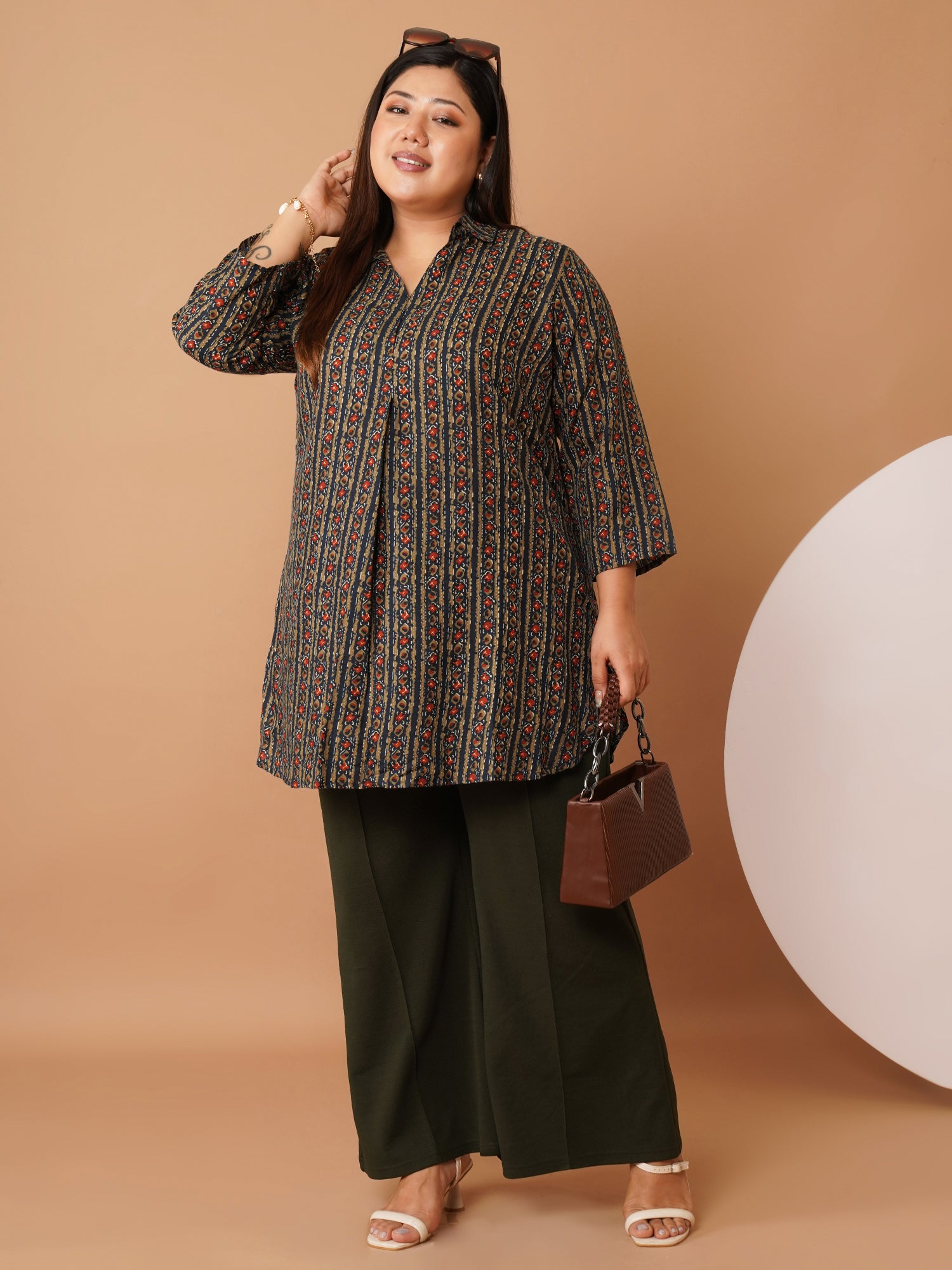 U&F Beyond Navy Blue Crepe Printed Longline Shirt Style Top