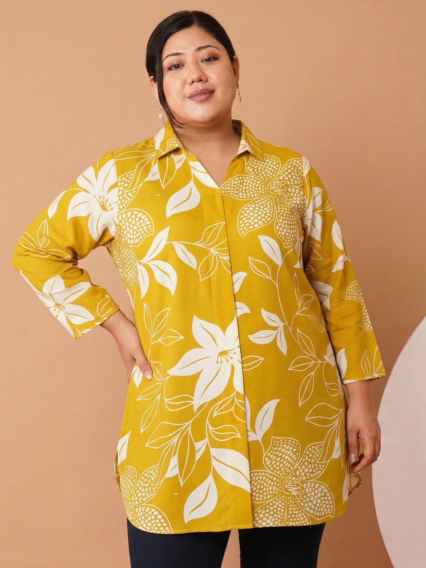 U&F Beyond Women`s Plus Size Yellow Sunshine Bloom Cotton Shirt Style Top