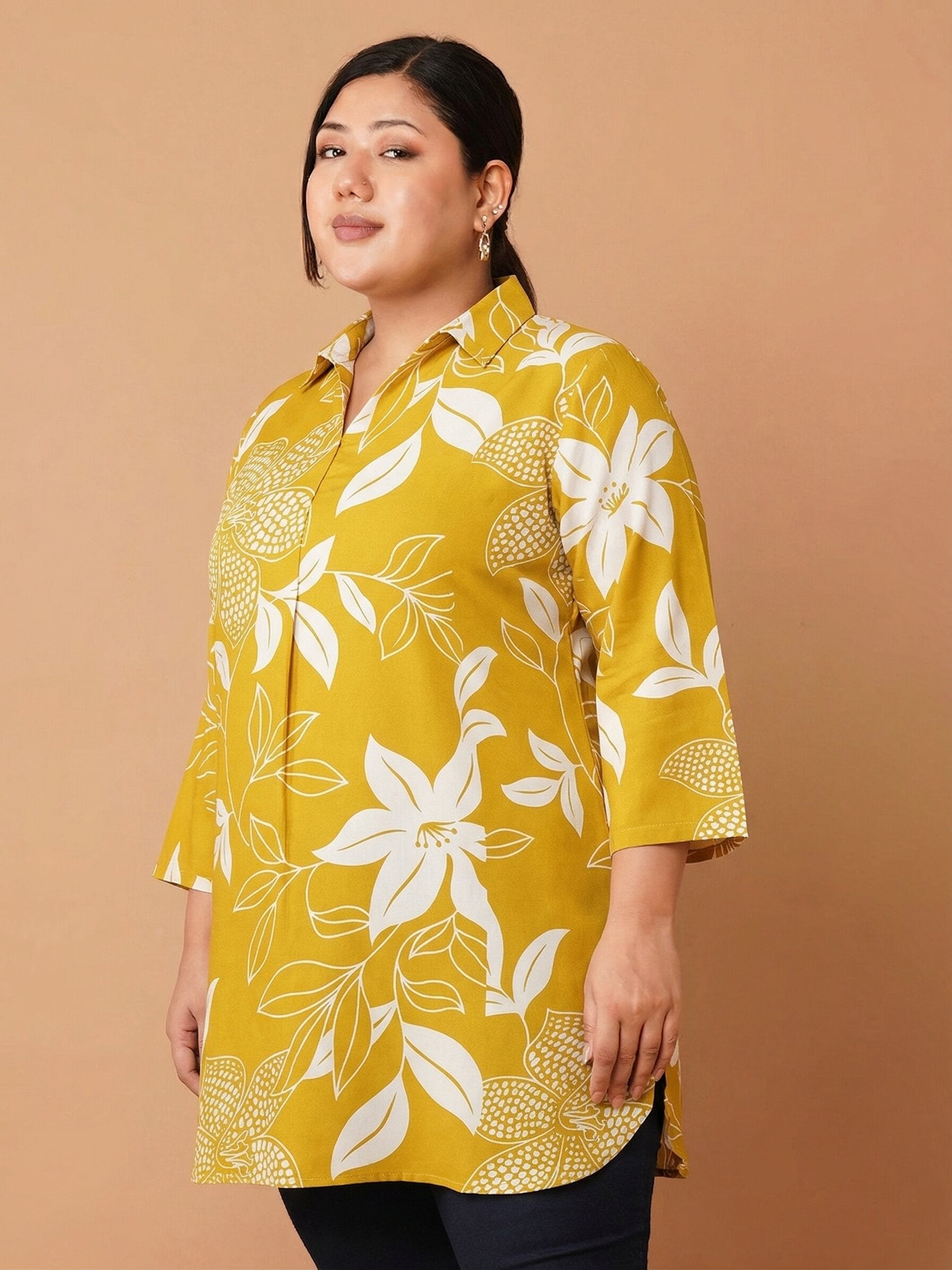 U&F Beyond Women`s Plus Size Yellow Sunshine Bloom Cotton Shirt Style Top