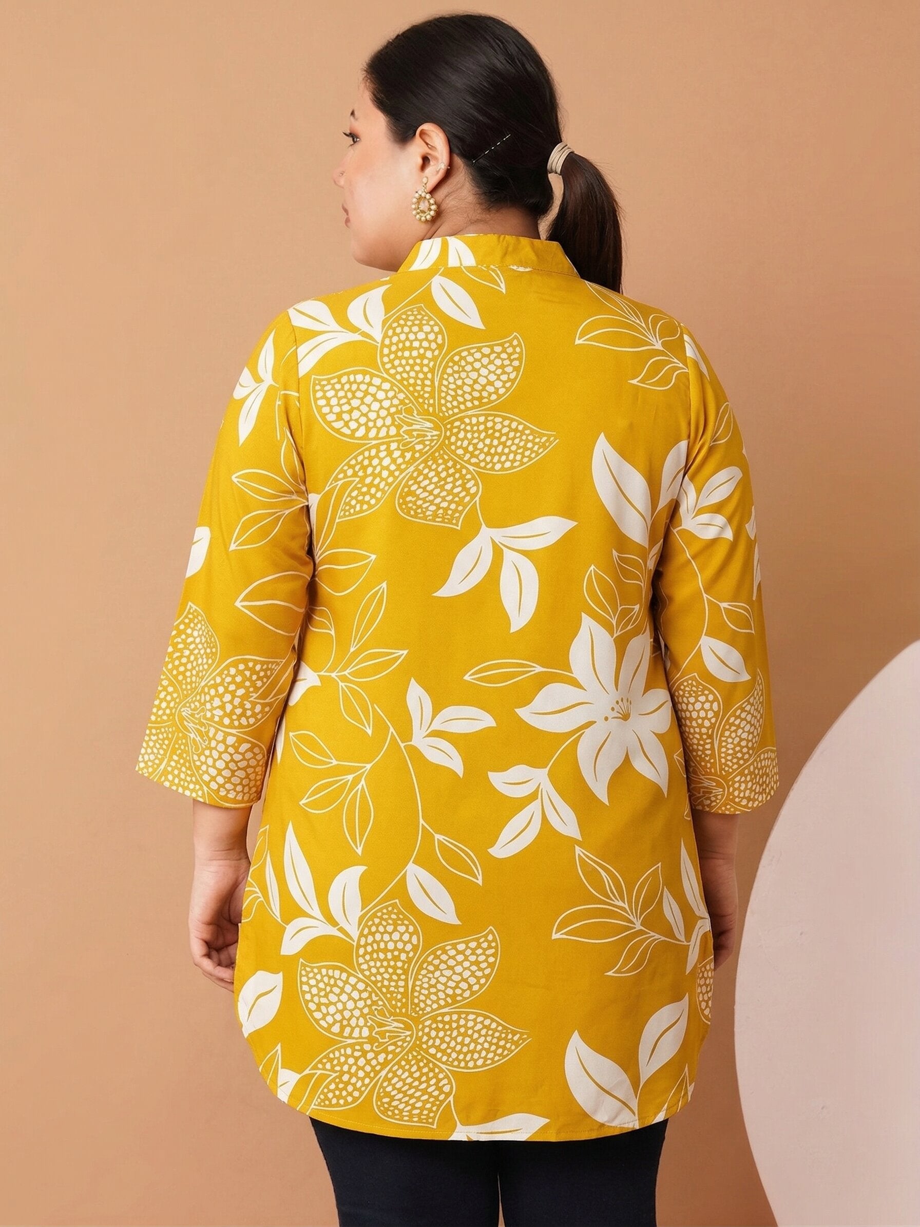 U&F Beyond Women`s Plus Size Yellow Sunshine Bloom Cotton Shirt Style Top