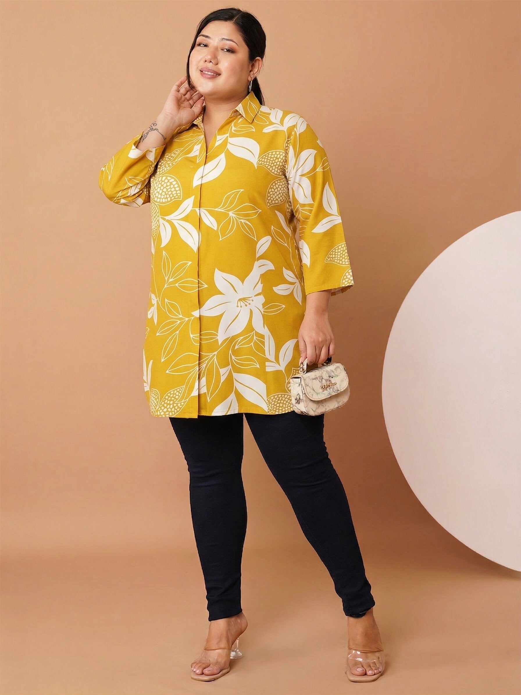 U&F Beyond Women`s Plus Size Yellow Sunshine Bloom Cotton Shirt Style Top