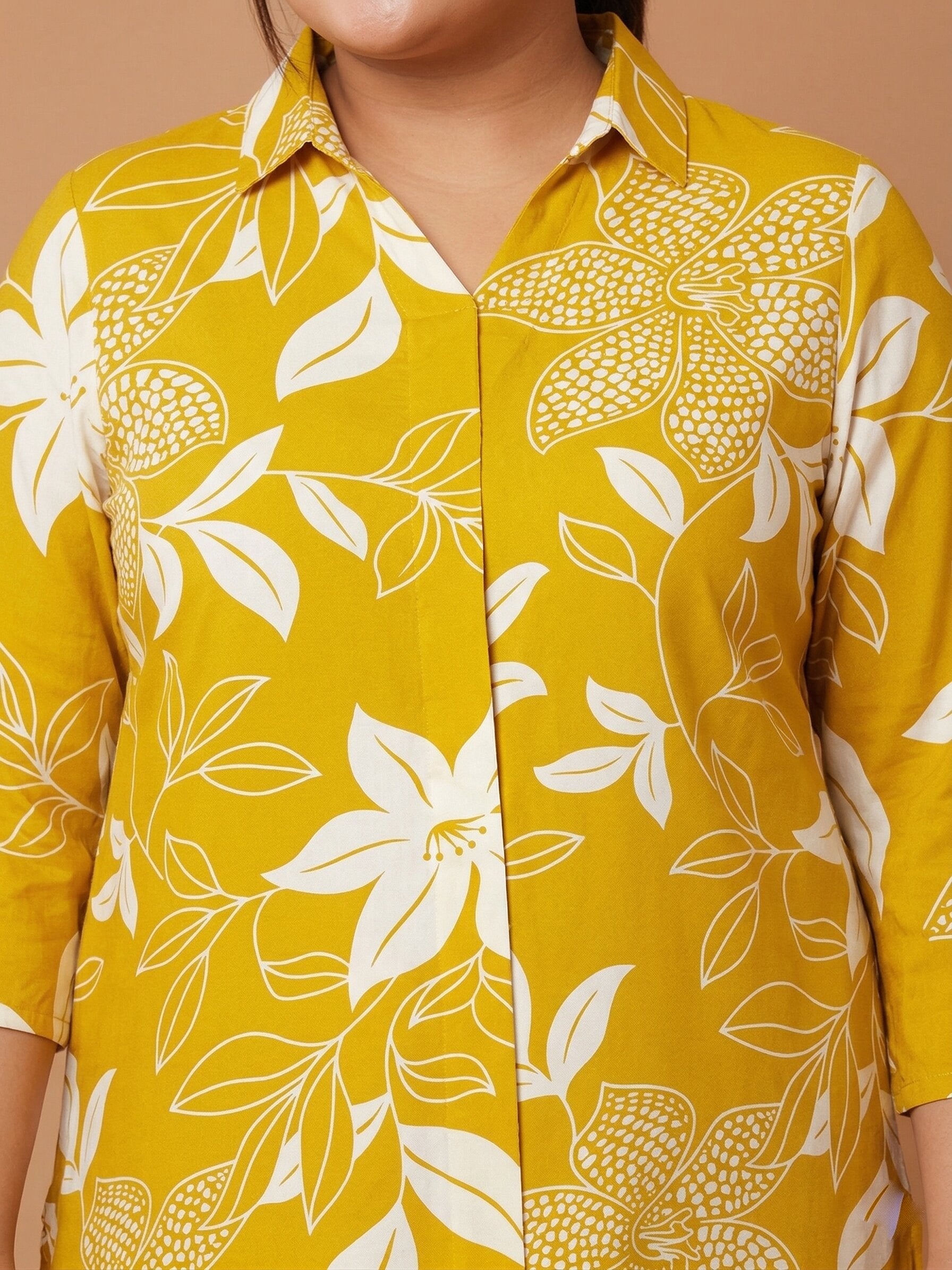 U&F Beyond Women`s Plus Size Yellow Sunshine Bloom Cotton Shirt Style Top