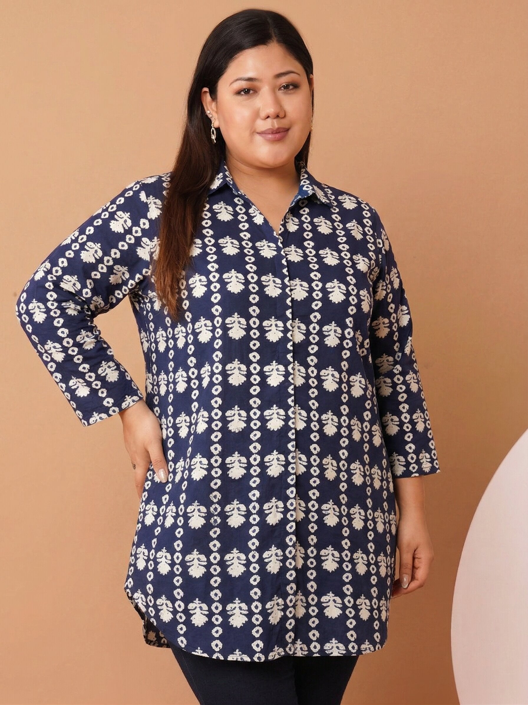 U&F Beyond Women`s Plus Size Navy Blue Cotton Printed Shirt Style Top