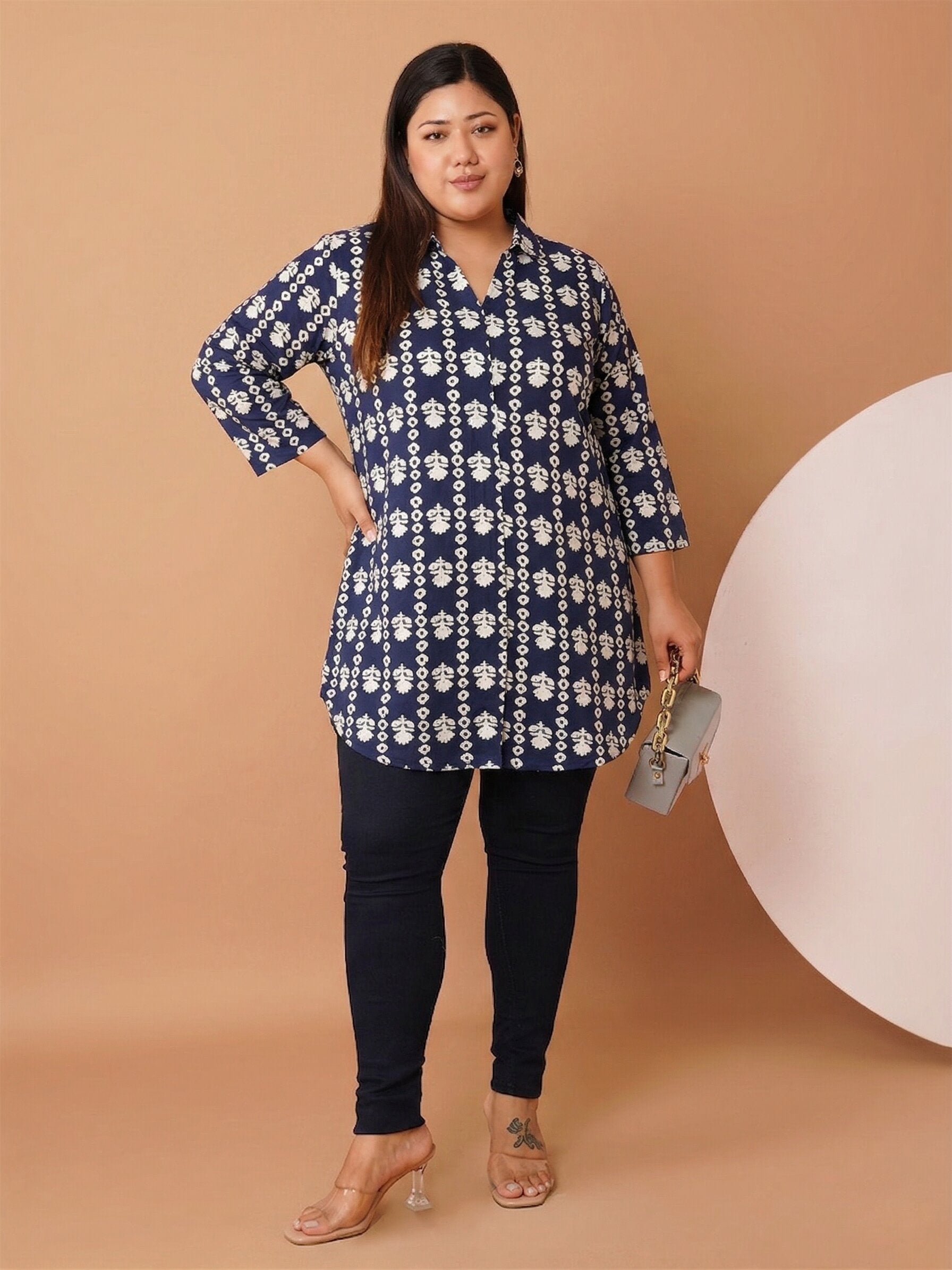 U&F Beyond Women`s Plus Size Navy Blue Cotton Printed Shirt Style Top