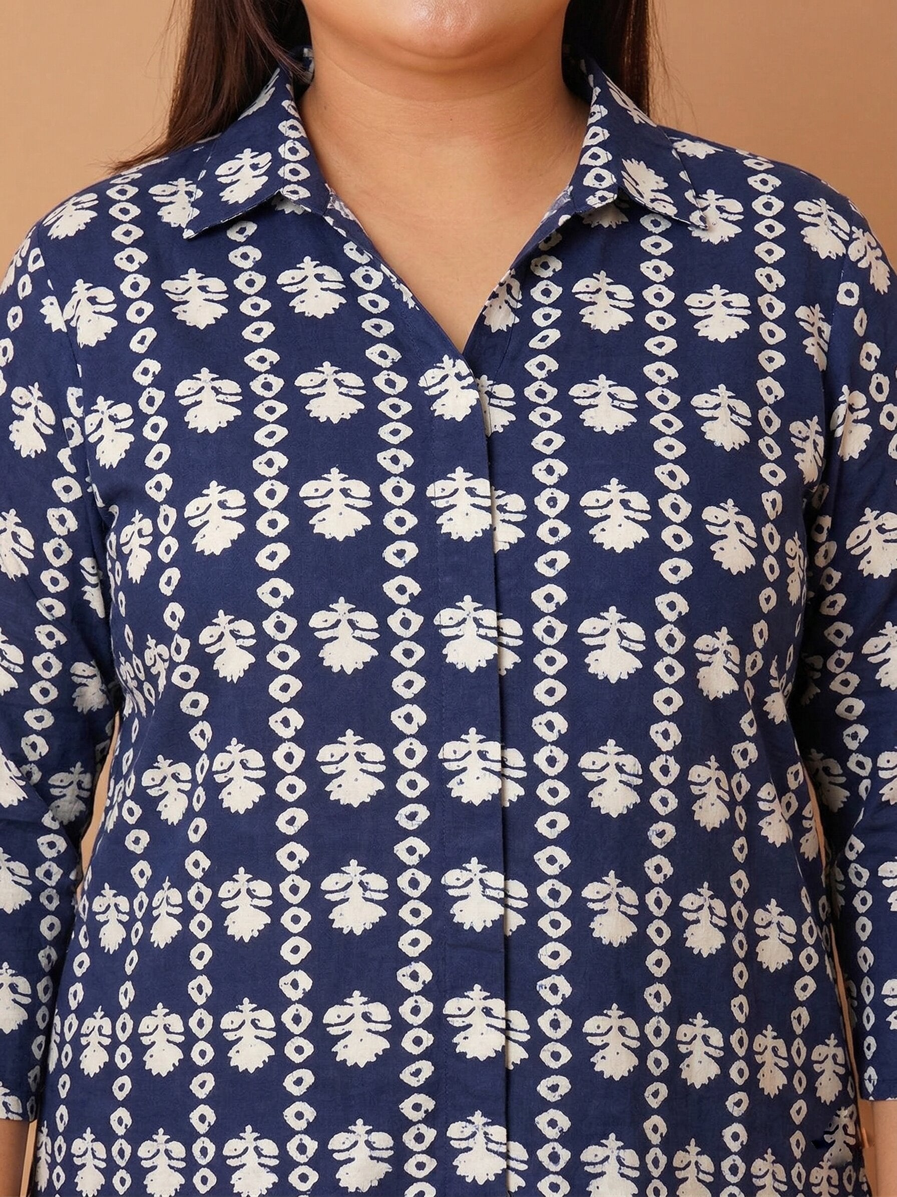 U&F Beyond Women`s Plus Size Navy Blue Cotton Printed Shirt Style Top
