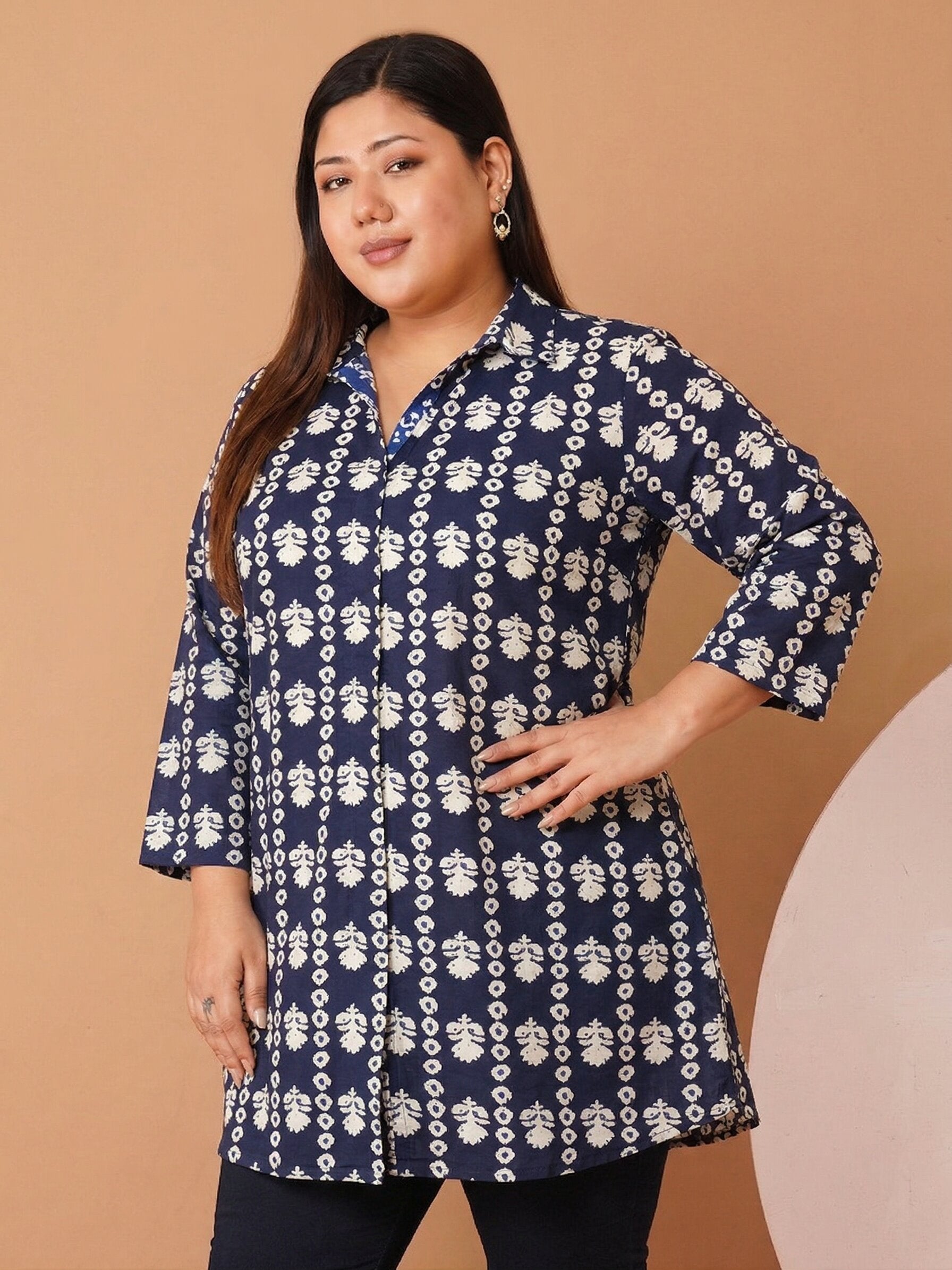 U&F Beyond Women`s Plus Size Navy Blue Cotton Printed Shirt Style Top
