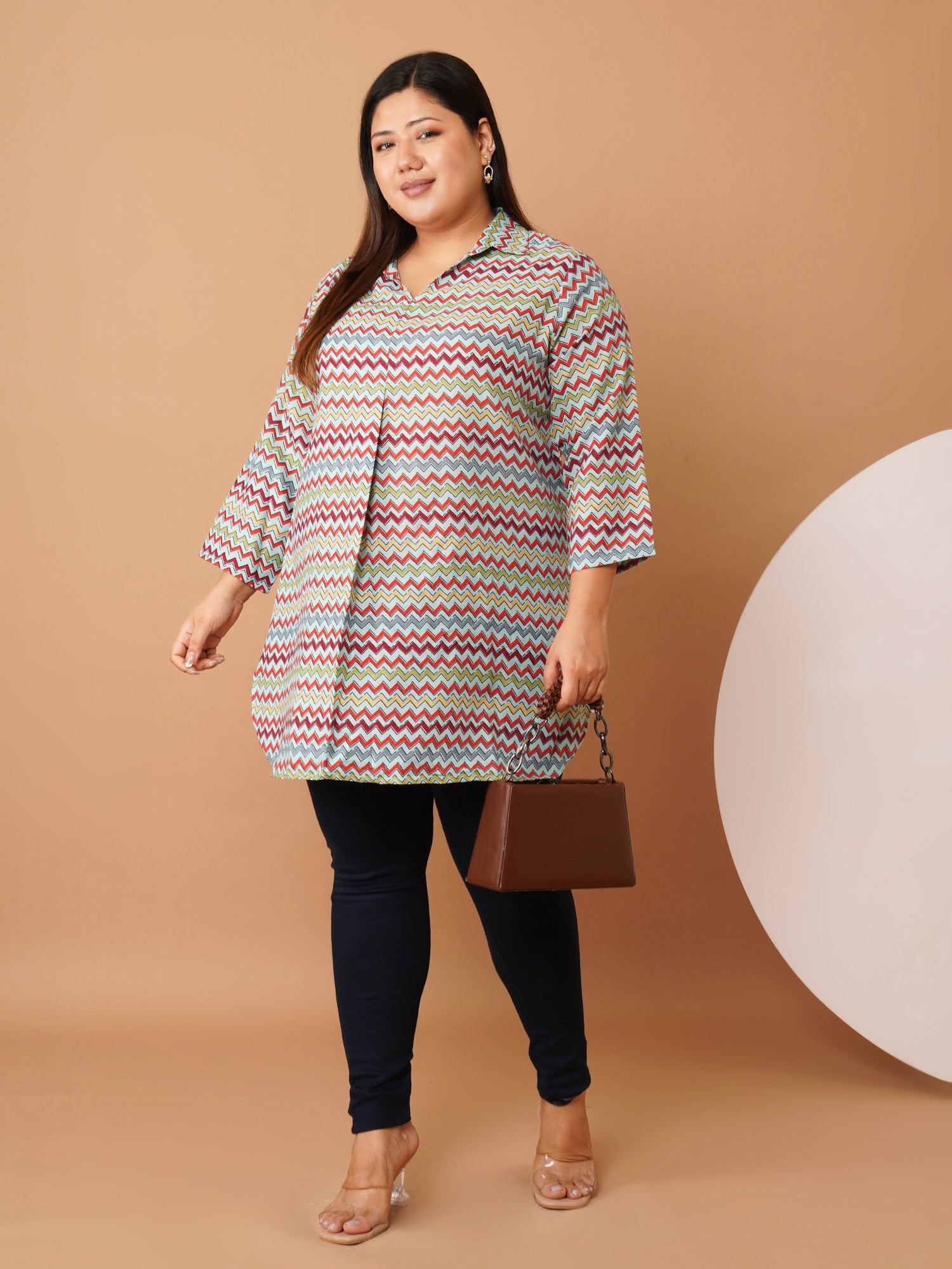 U&F Beyond Green Zig-Zag Printed Crepe Longline Shirt Style Top