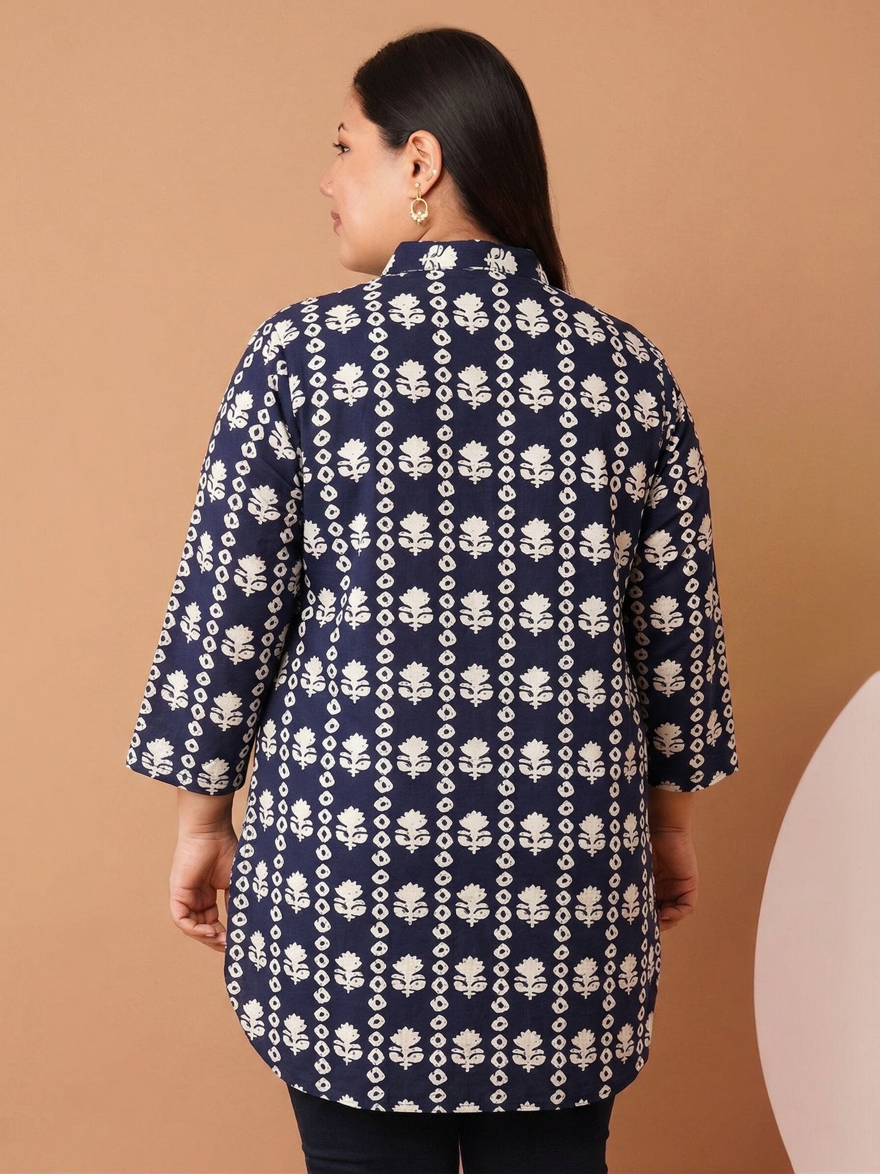 U&F Beyond Women`s Plus Size Navy Blue Cotton Printed Shirt Style Top