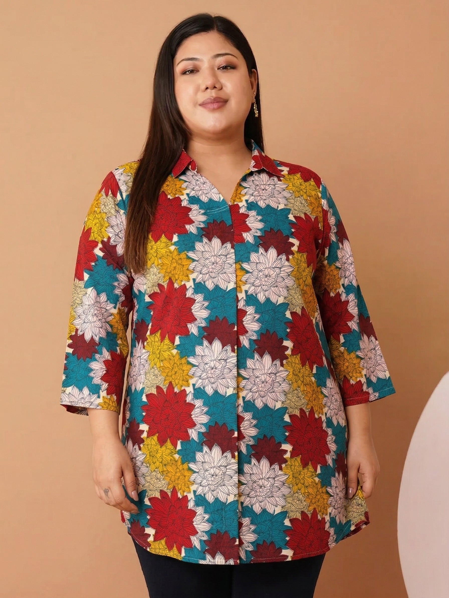 U&F Beyond Women's Plus Size Multicolor Floral Printed Cotton Shirt Style Top