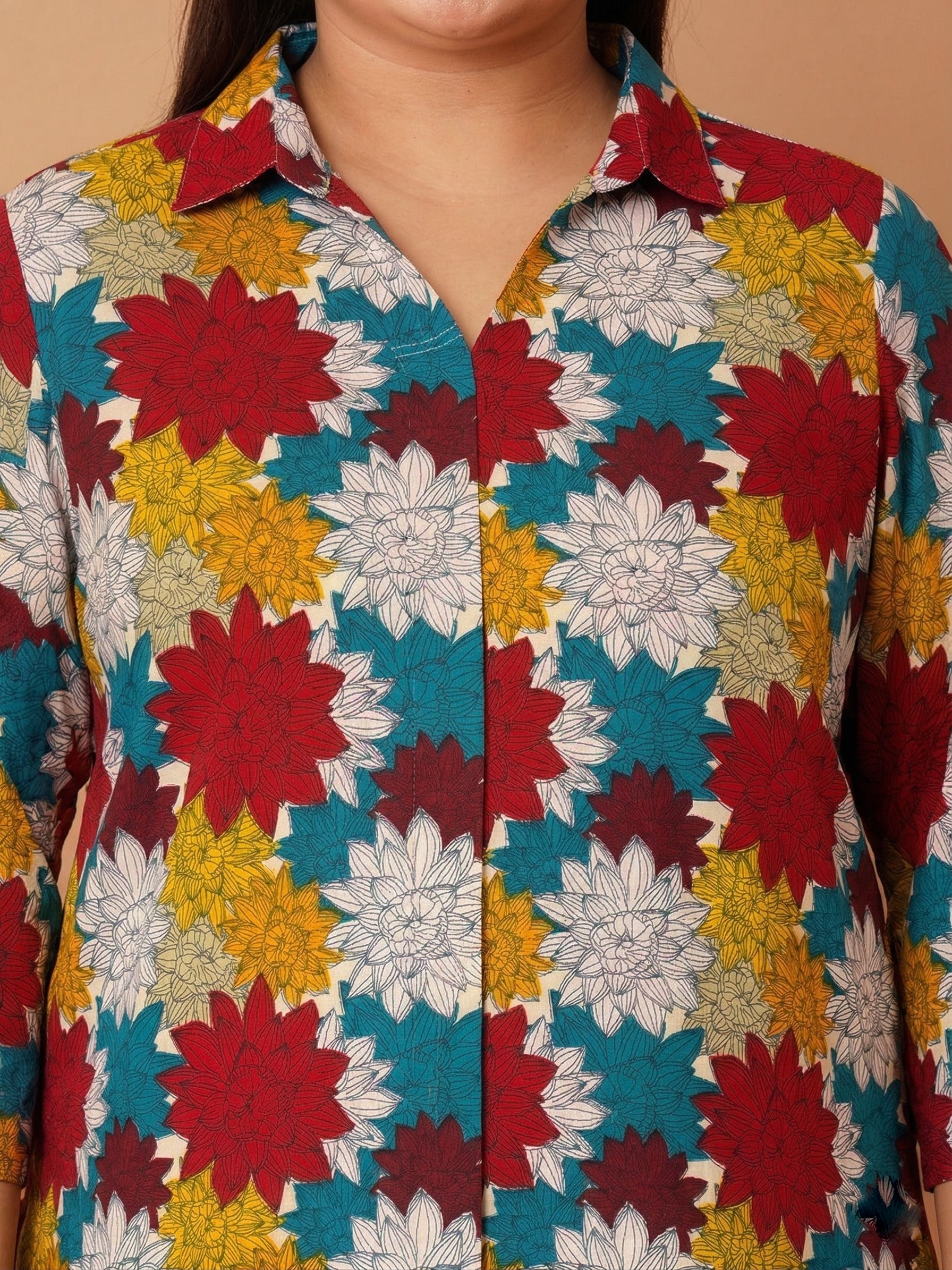 U&F Beyond Women's Plus Size Multicolor Floral Printed Cotton Shirt Style Top