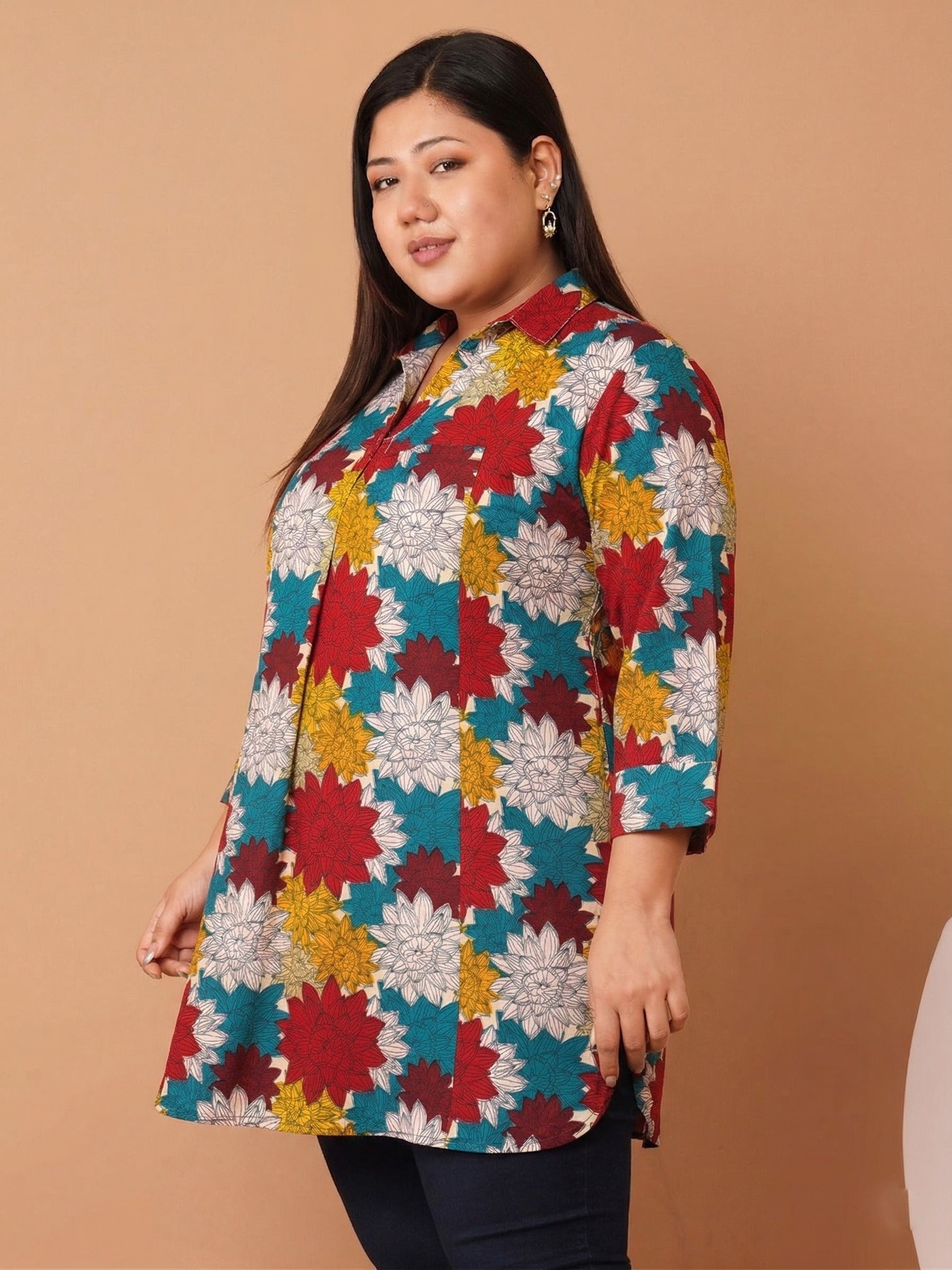 U&F Beyond Women's Plus Size Multicolor Floral Printed Cotton Shirt Style Top
