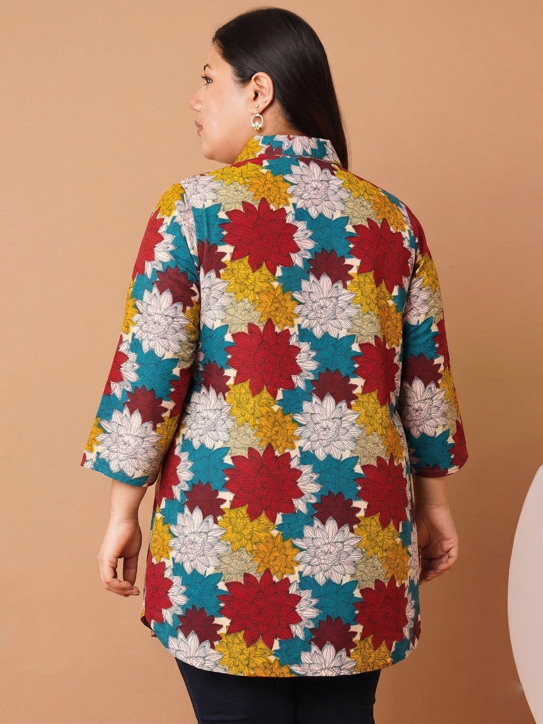 U&F Beyond Women's Plus Size Multicolor Floral Printed Cotton Shirt Style Top