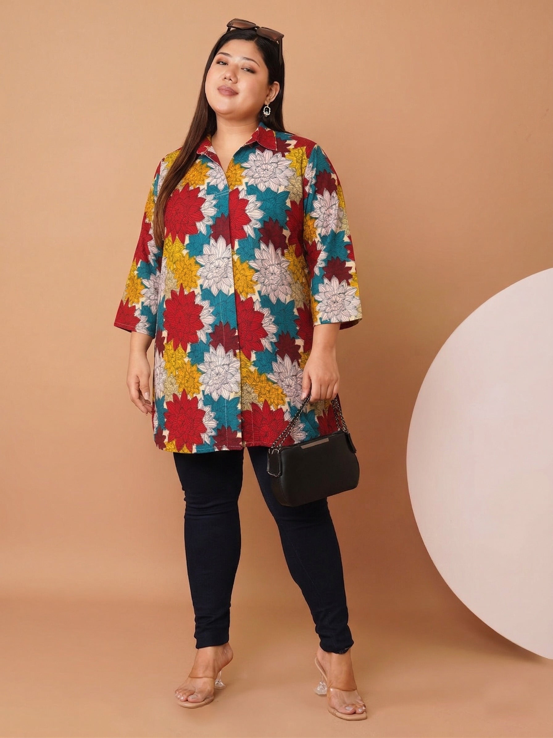 U&F Beyond Women's Plus Size Multicolor Floral Printed Cotton Shirt Style Top