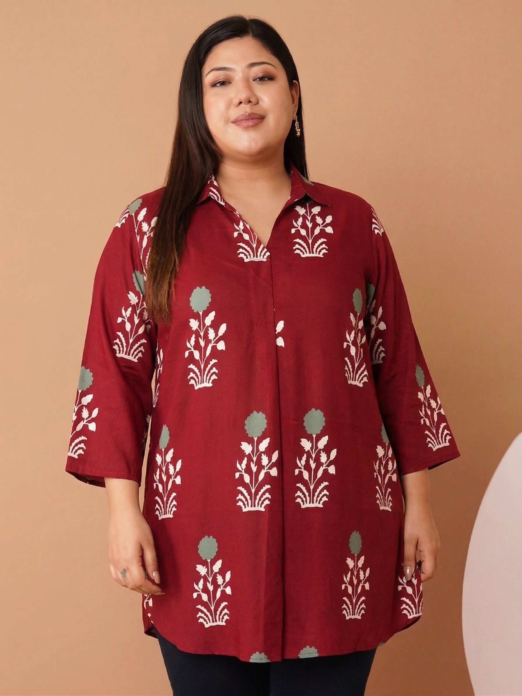 U&F Beyond Women's Plus Size Maroon Printed Cotton Shirt Style Longline Top