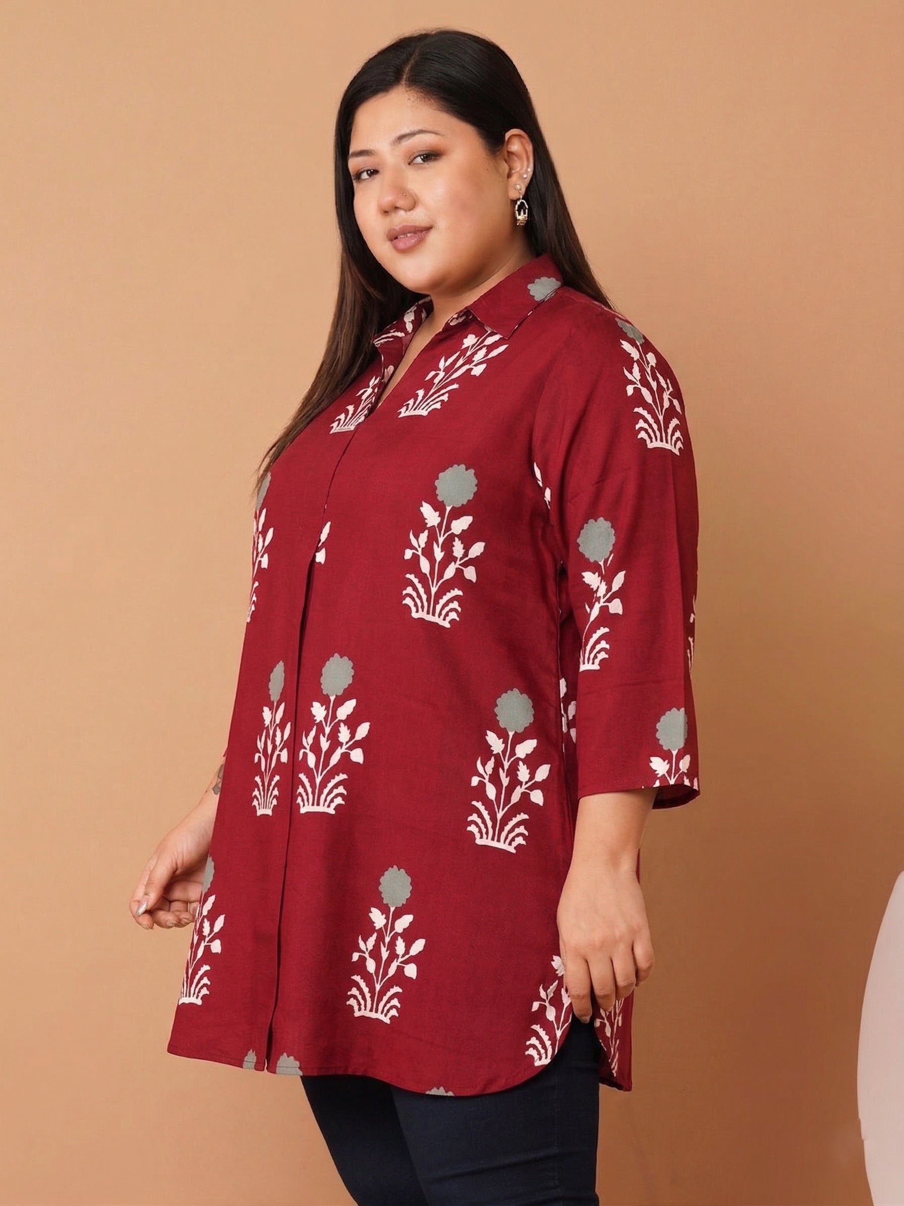 U&F Beyond Women's Plus Size Maroon Printed Cotton Shirt Style Longline Top