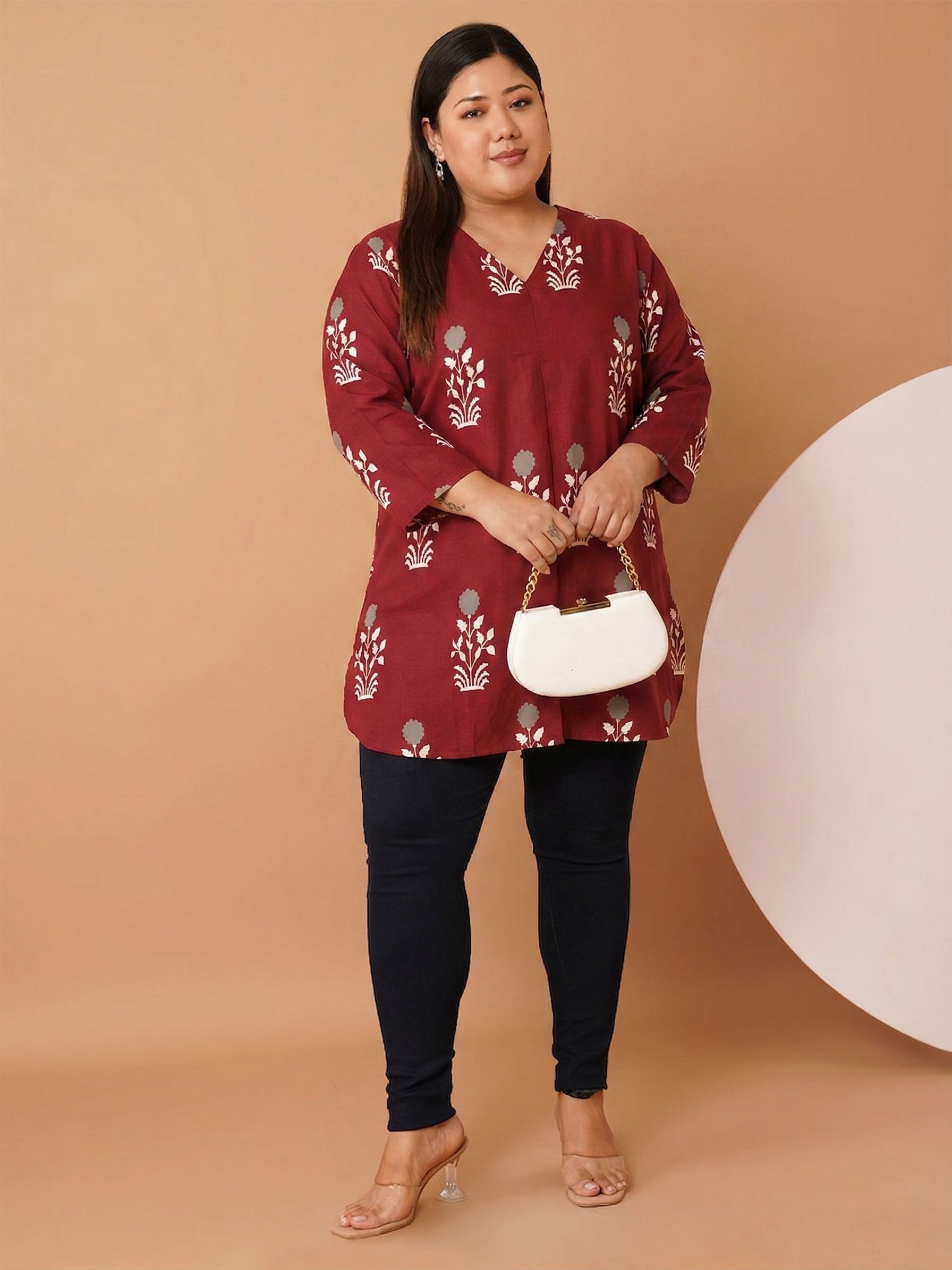 U&F Beyond Maroon Floral Printed V-Neck Cotton Tunic Top