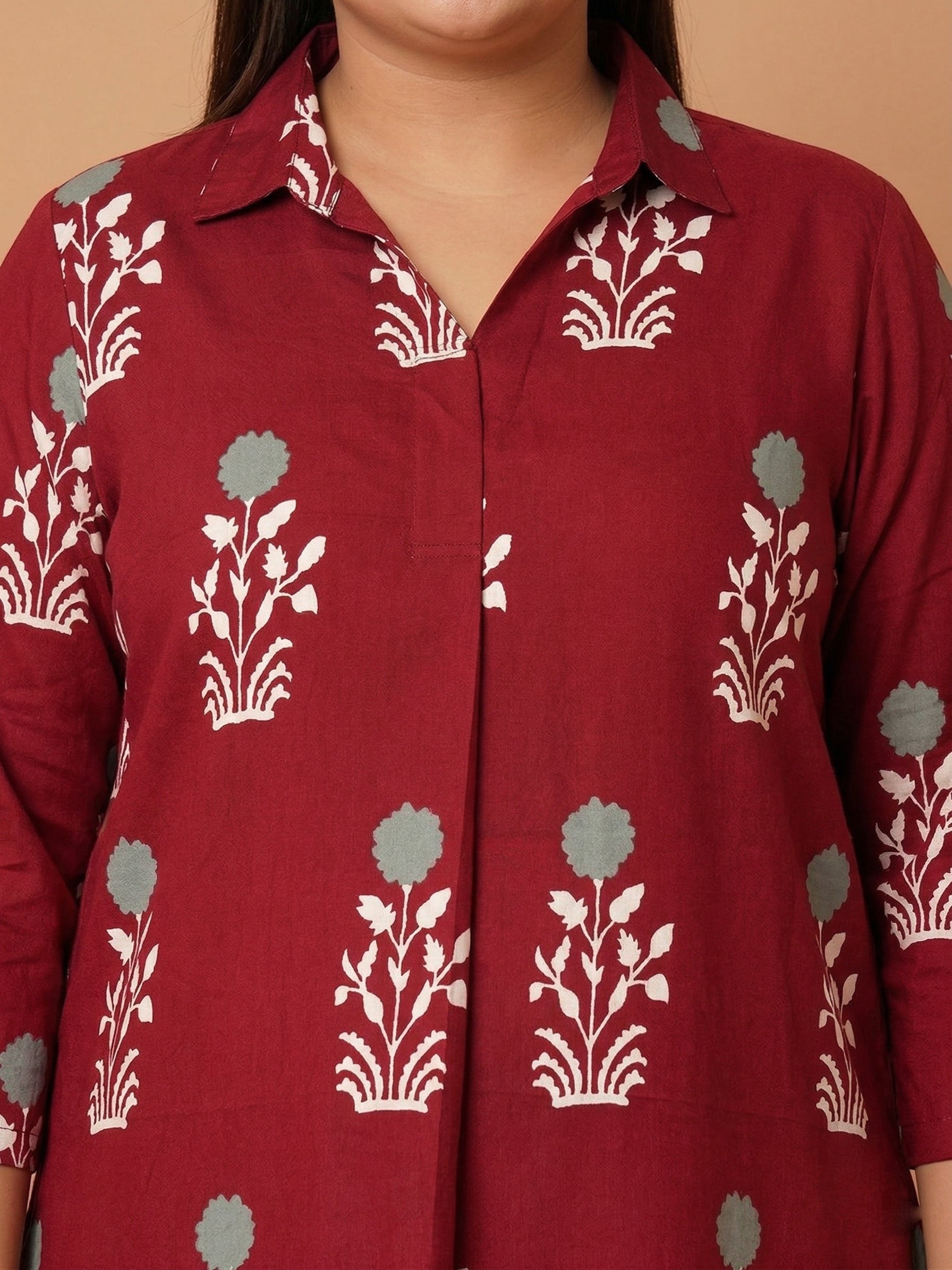 U&F Beyond Women's Plus Size Maroon Printed Cotton Shirt Style Longline Top