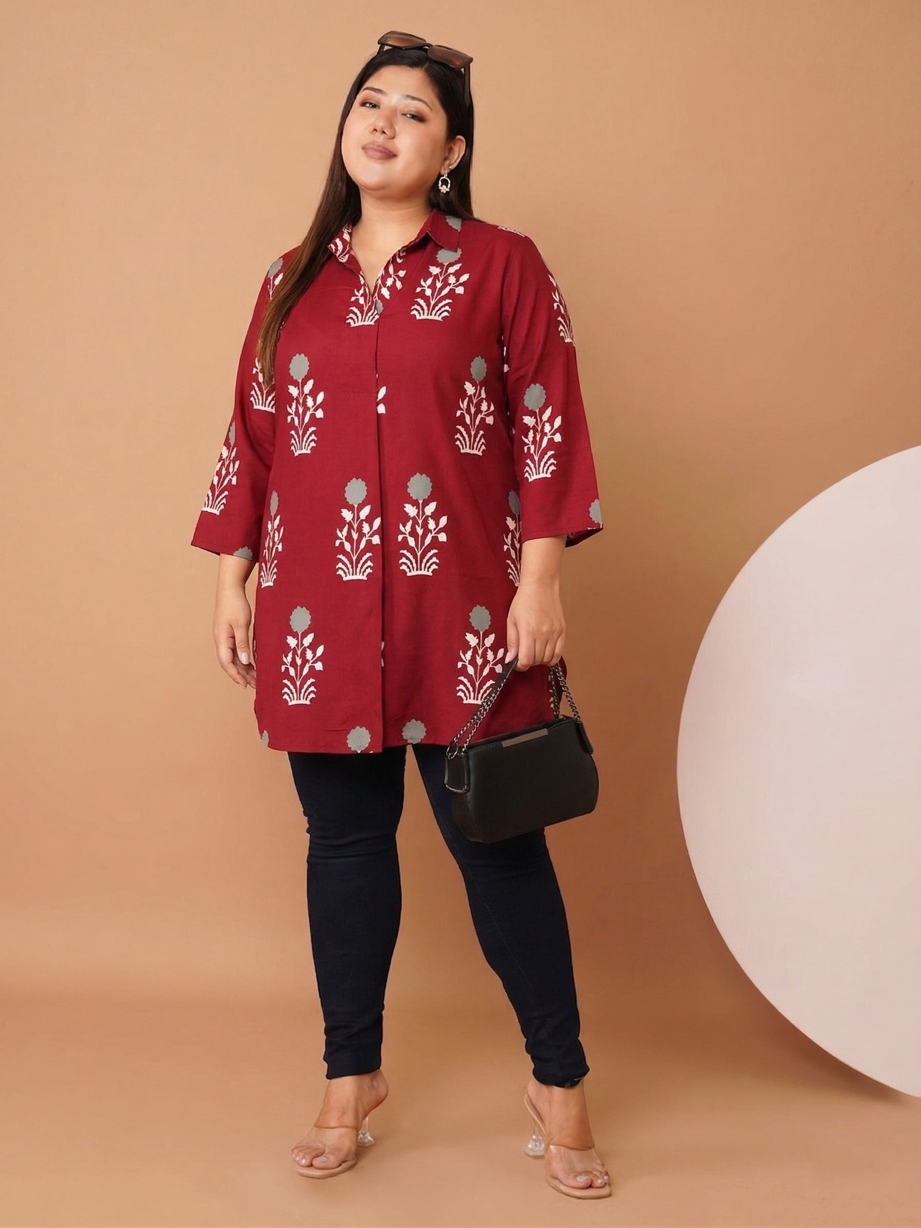 U&F Beyond Women's Plus Size Maroon Printed Cotton Shirt Style Longline Top