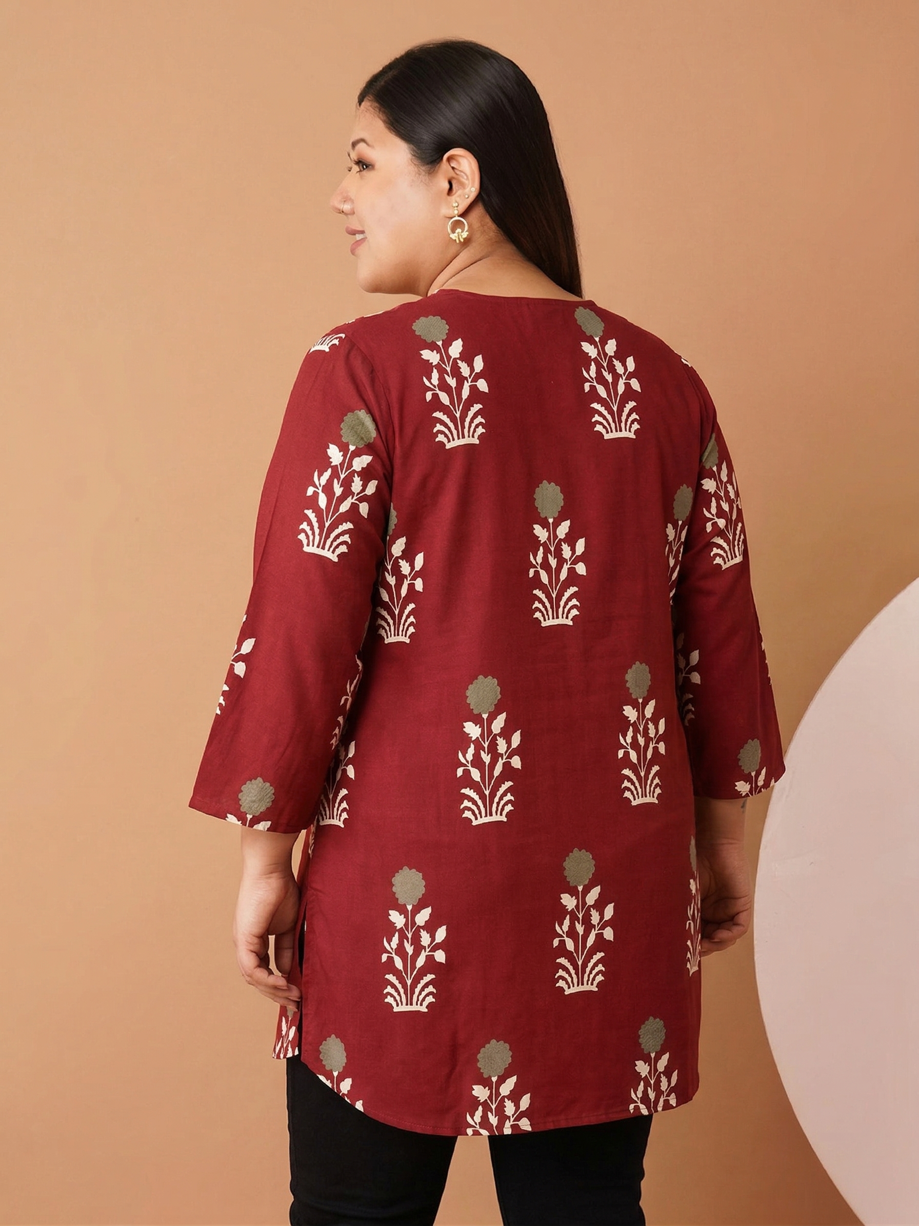 U&F Beyond Maroon Floral Printed V-Neck Cotton Tunic Top