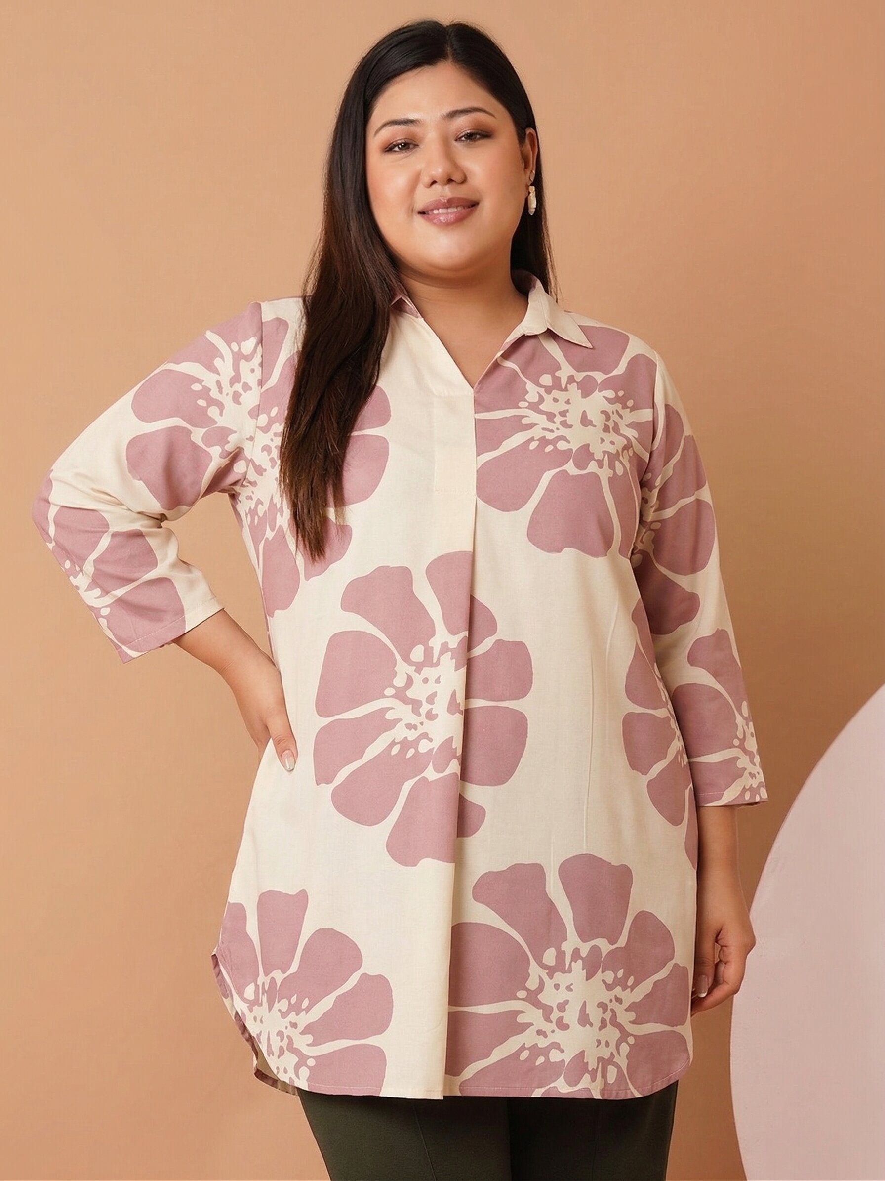 U&F Beyond Women`s Plus Size Blush Bloom Cotton Printed Shirt Style Top