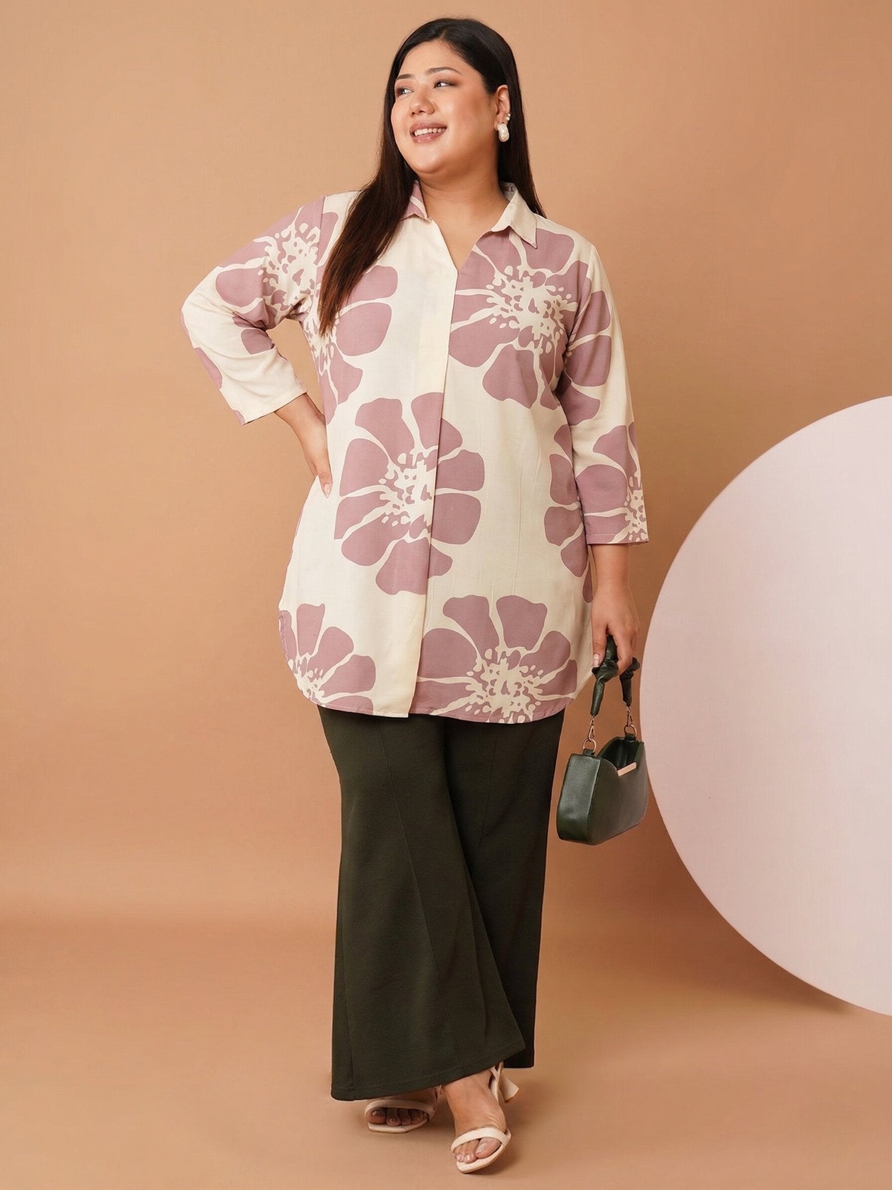 U&F Beyond Women`s Plus Size Blush Bloom Cotton Printed Shirt Style Top