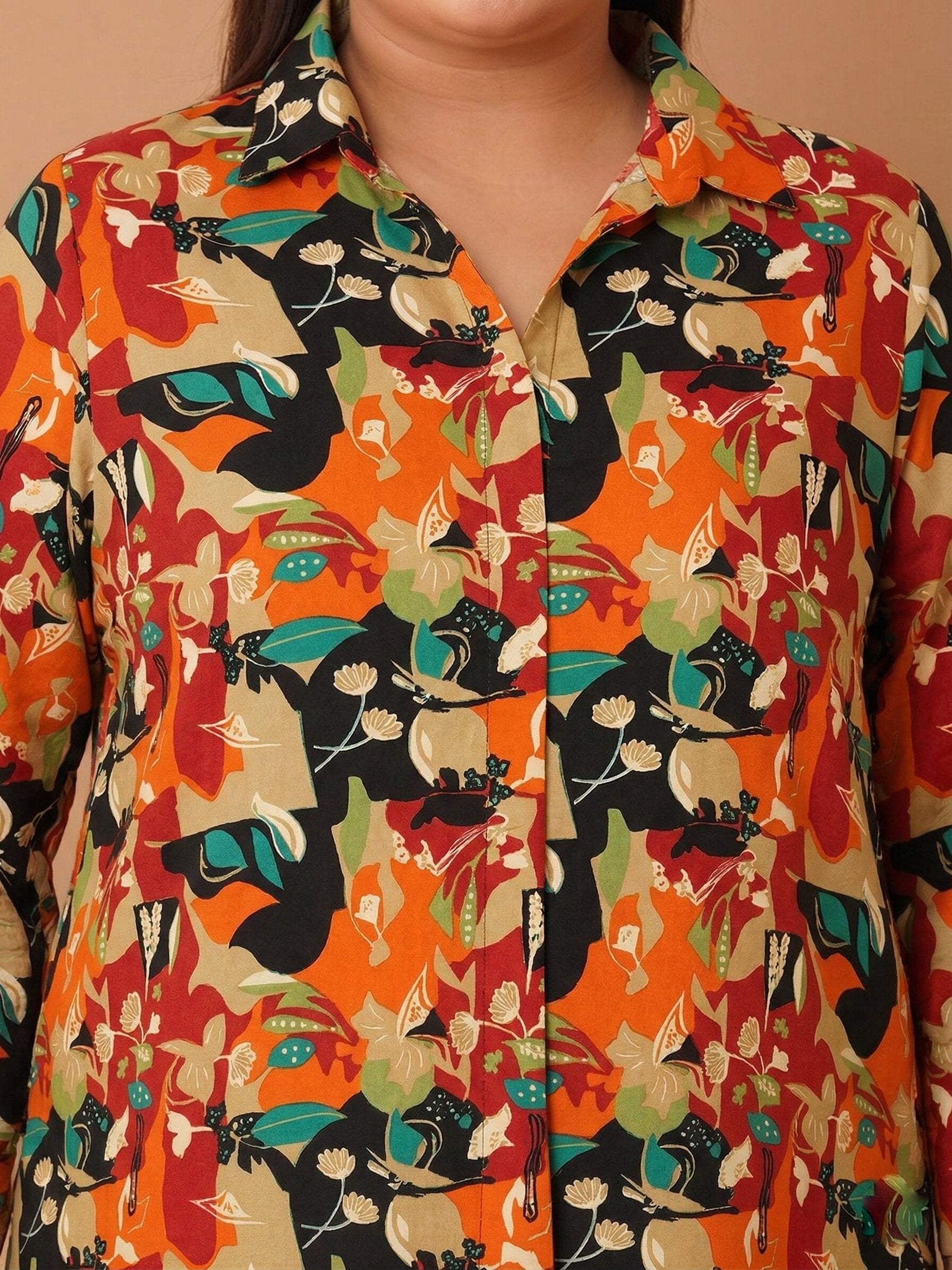 U&F Beyond Women`s Plus Size Orange Abstract Printed Shirt Style Top