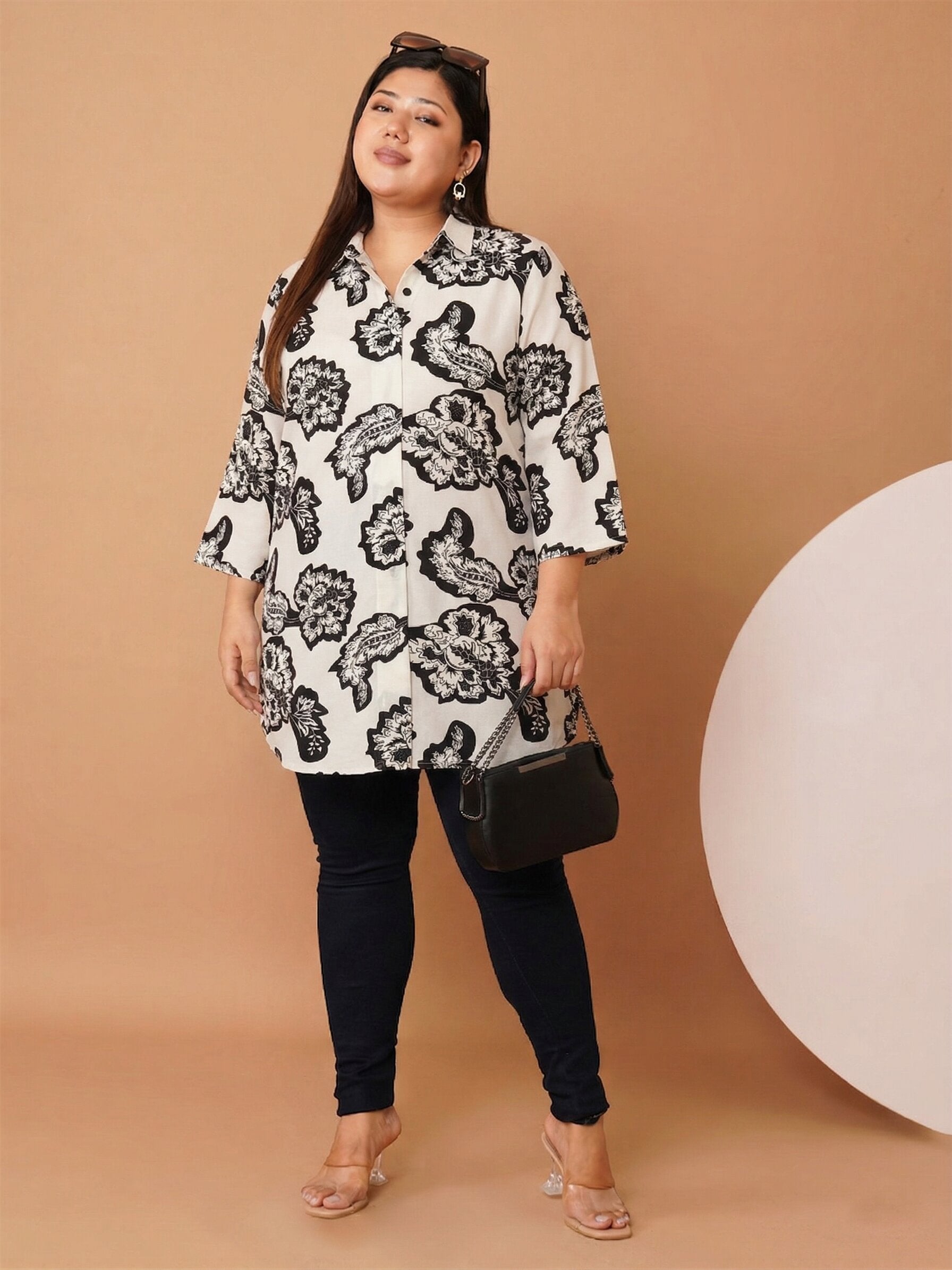 U&F Beyond Women`s Plus Size Black & White Monochrome Bloom Cotton Printed Shirt Style Top