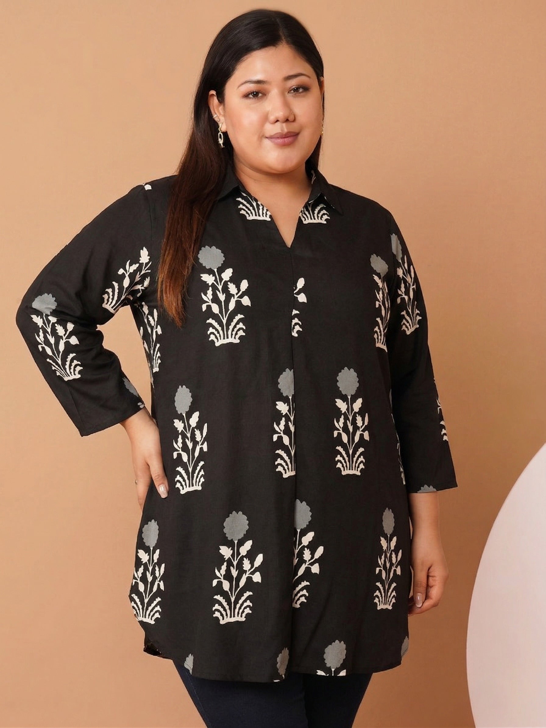 U&F Beyond Women`s Plus Size Black Floral Printed Cotton Shirt Style Top