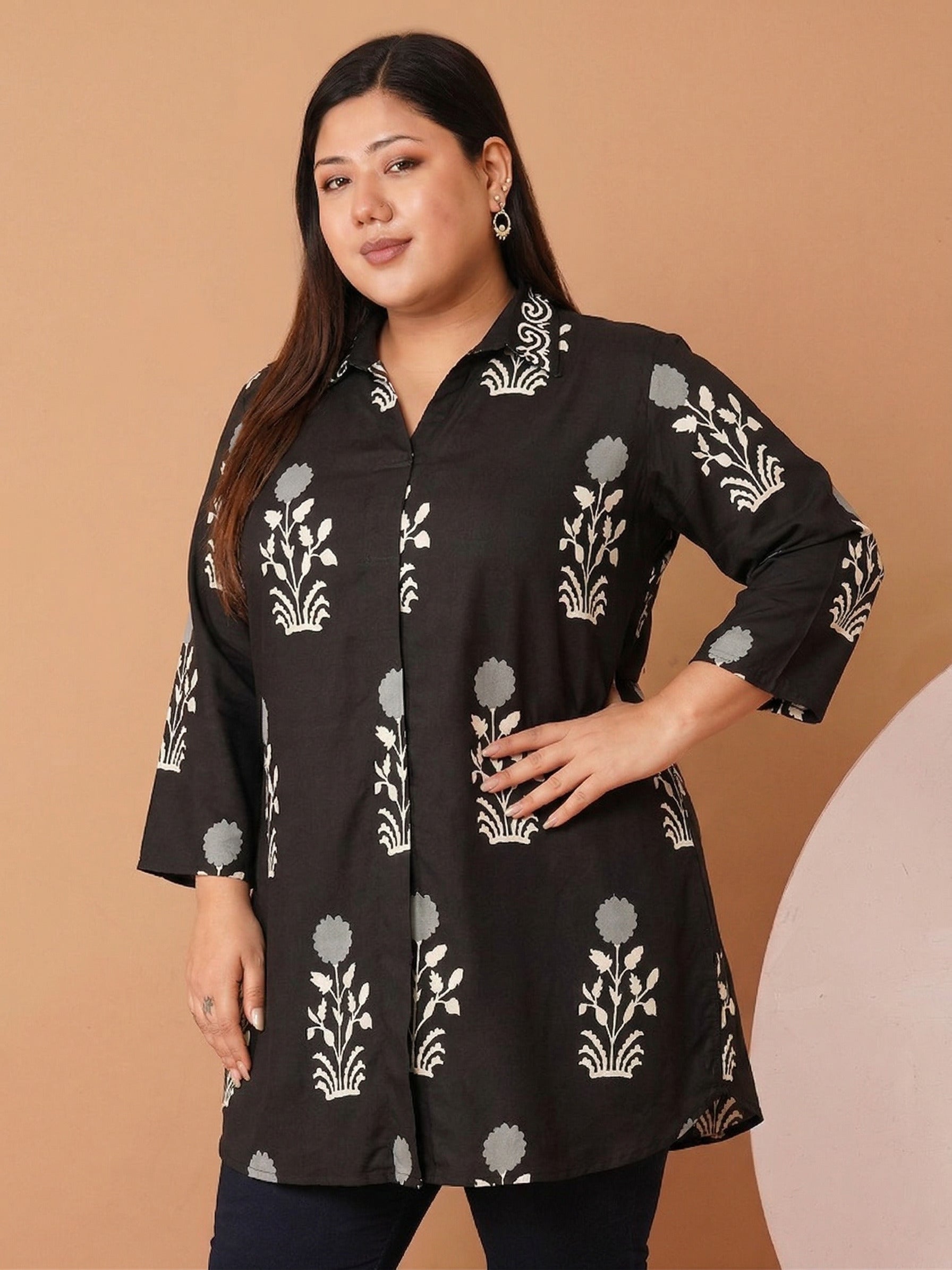 U&F Beyond Women`s Plus Size Black Floral Printed Cotton Shirt Style Top