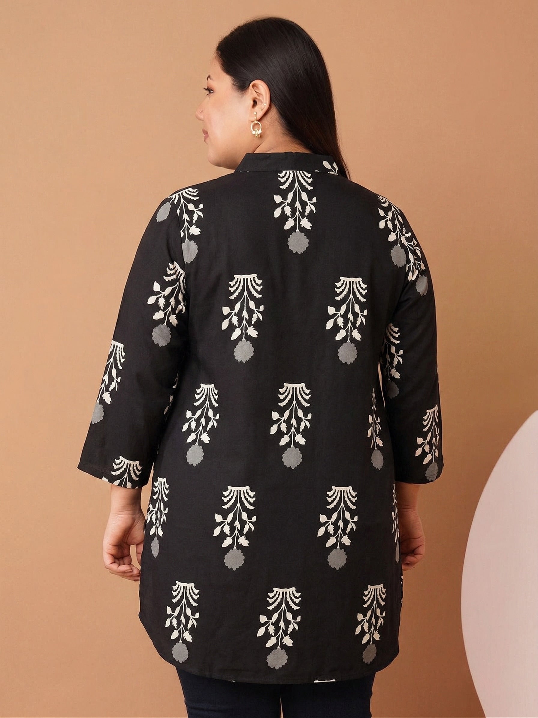 U&F Beyond Women`s Plus Size Black Floral Printed Cotton Shirt Style Top