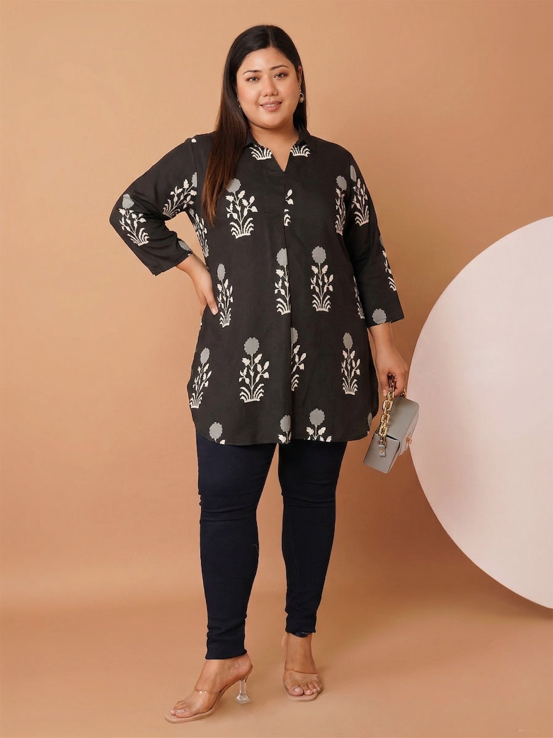 U&F Beyond Women`s Plus Size Black Floral Printed Cotton Shirt Style Top