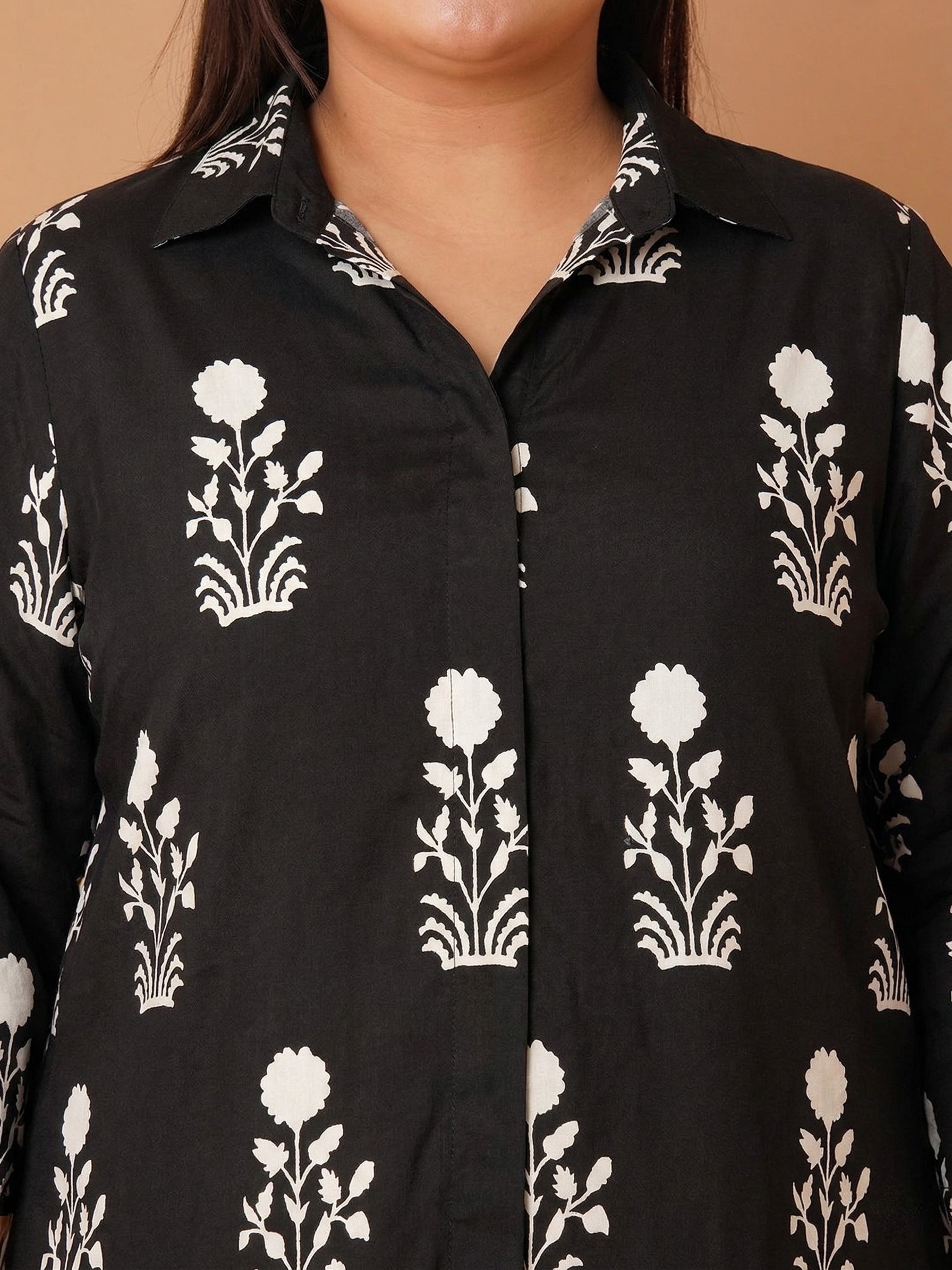 U&F Beyond Women`s Plus Size Black Floral Printed Cotton Shirt Style Top