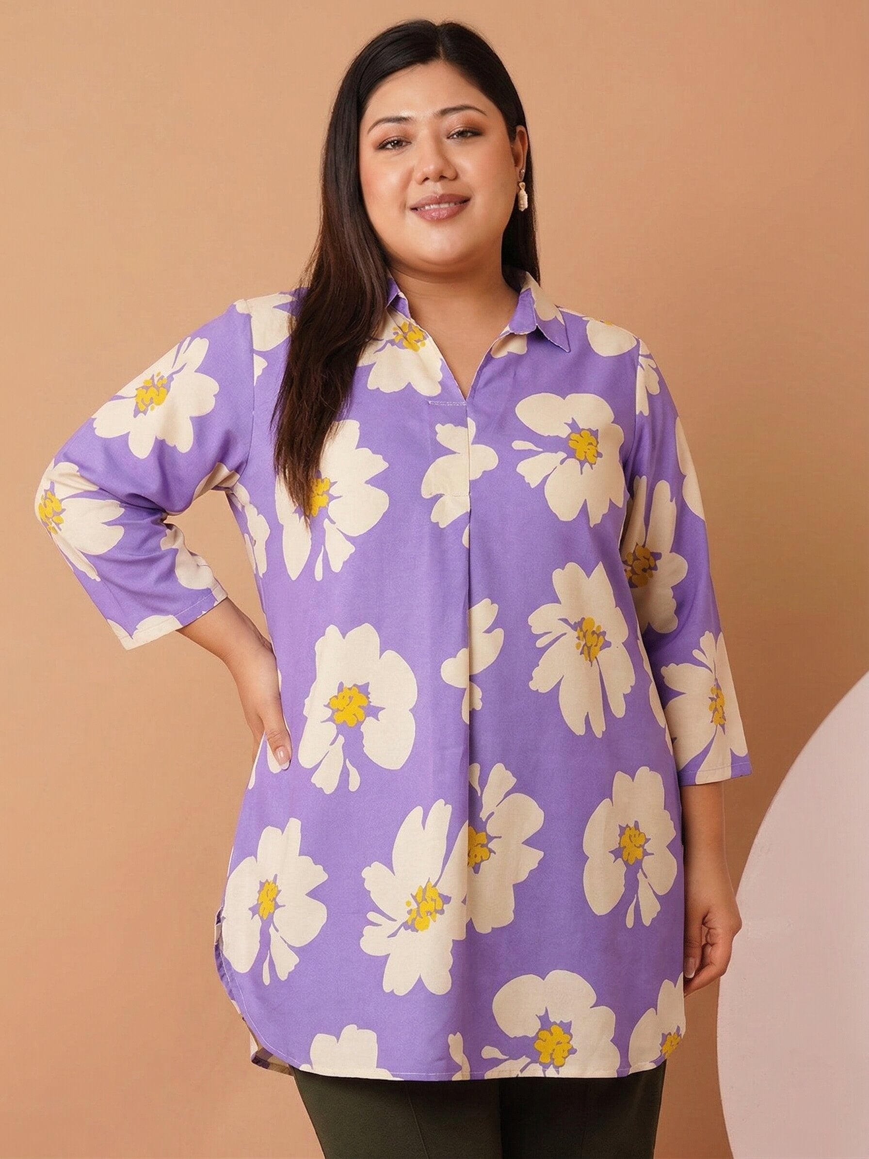 U&F Beyond Women`s Plus Size Lavender Blossom Cotton Printed Shirt Style Top