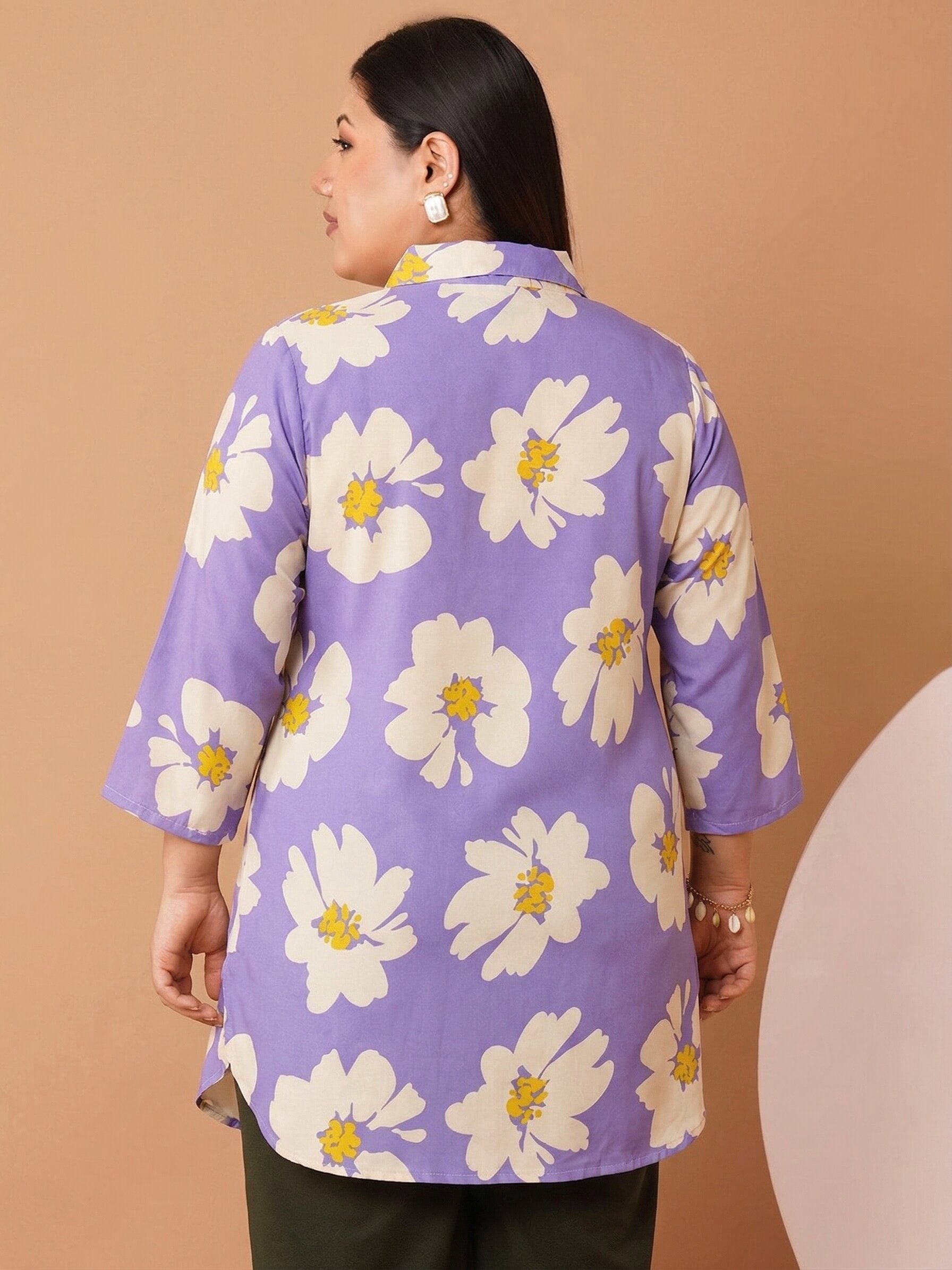 U&F Beyond Women`s Plus Size Lavender Blossom Cotton Printed Shirt Style Top