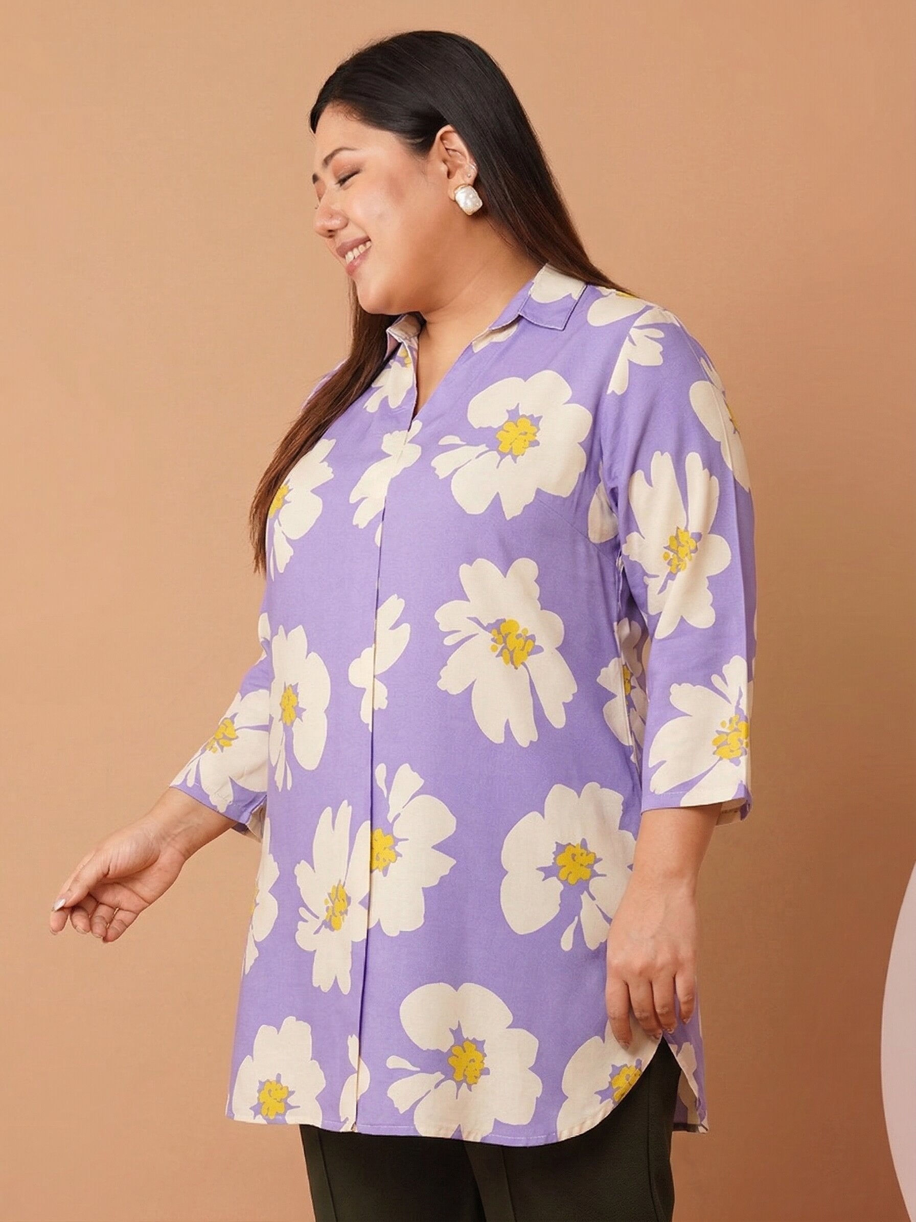 U&F Beyond Women`s Plus Size Lavender Blossom Cotton Printed Shirt Style Top