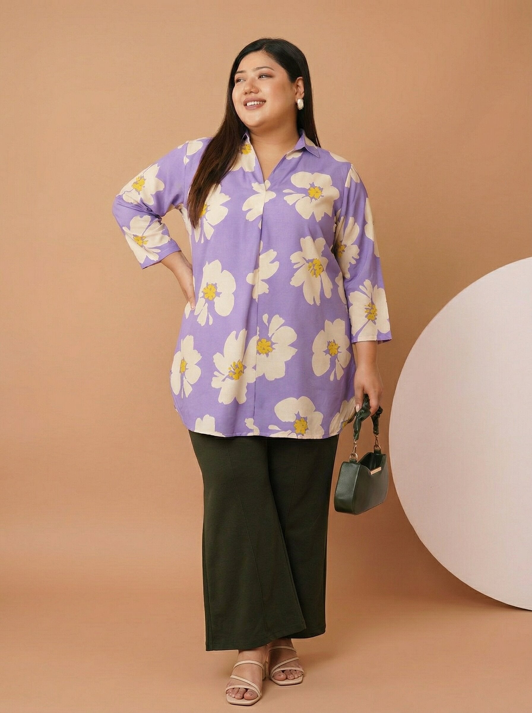 U&F Beyond Women`s Plus Size Lavender Blossom Cotton Printed Shirt Style Top