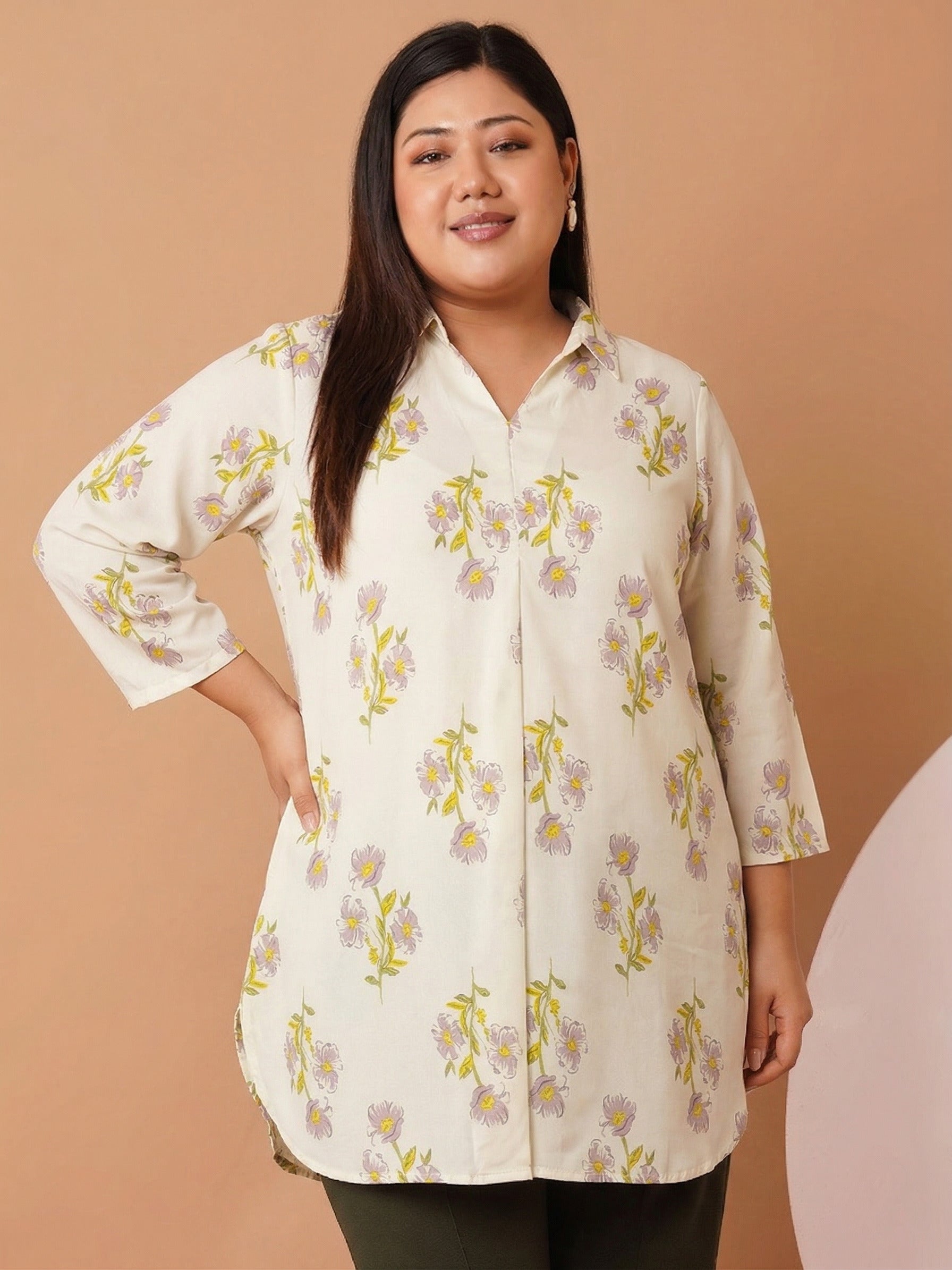 U&F Beyond Women`s Off White Floral Printed Cotton Shirt Style Top