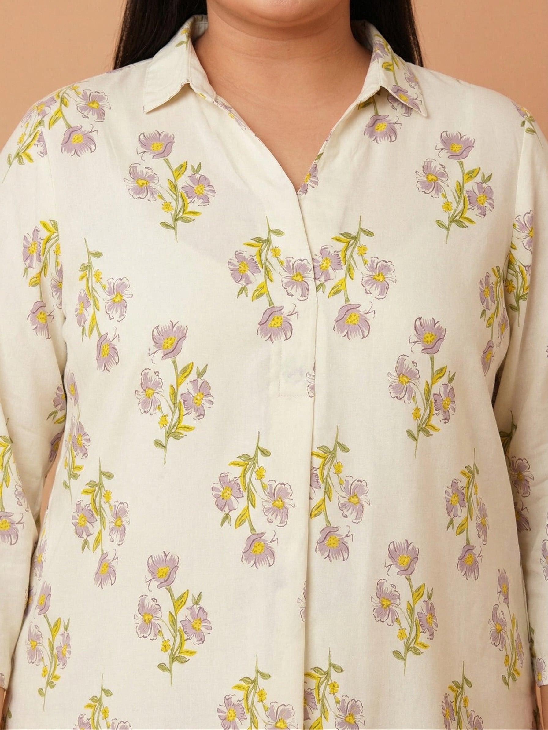 U&F Beyond Women`s Off White Floral Printed Cotton Shirt Style Top