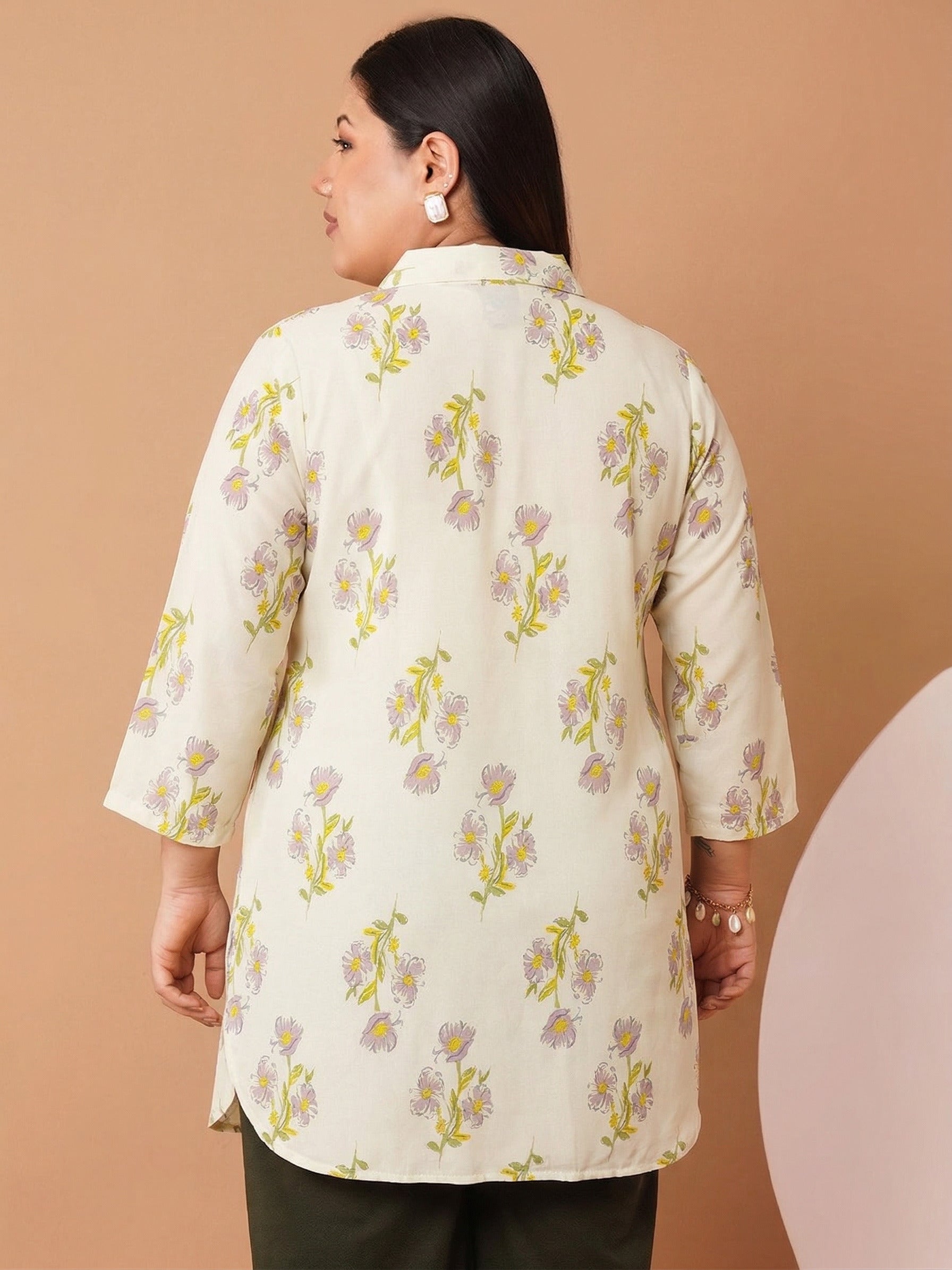 U&F Beyond Women`s Off White Floral Printed Cotton Shirt Style Top