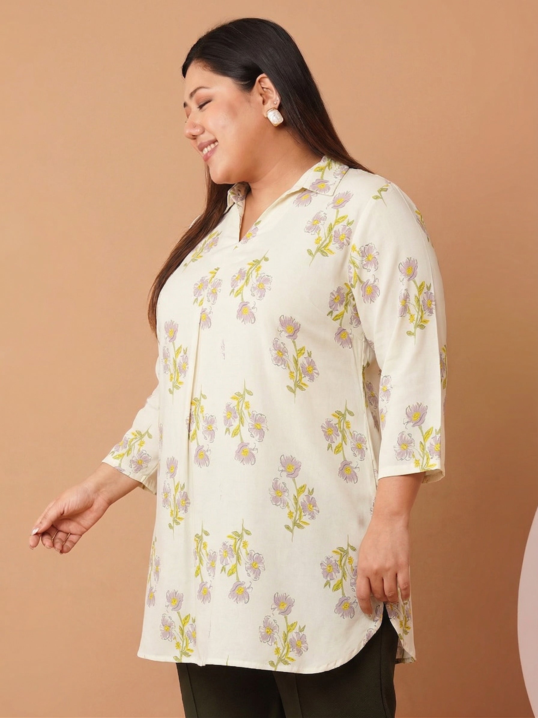 U&F Beyond Women`s Off White Floral Printed Cotton Shirt Style Top