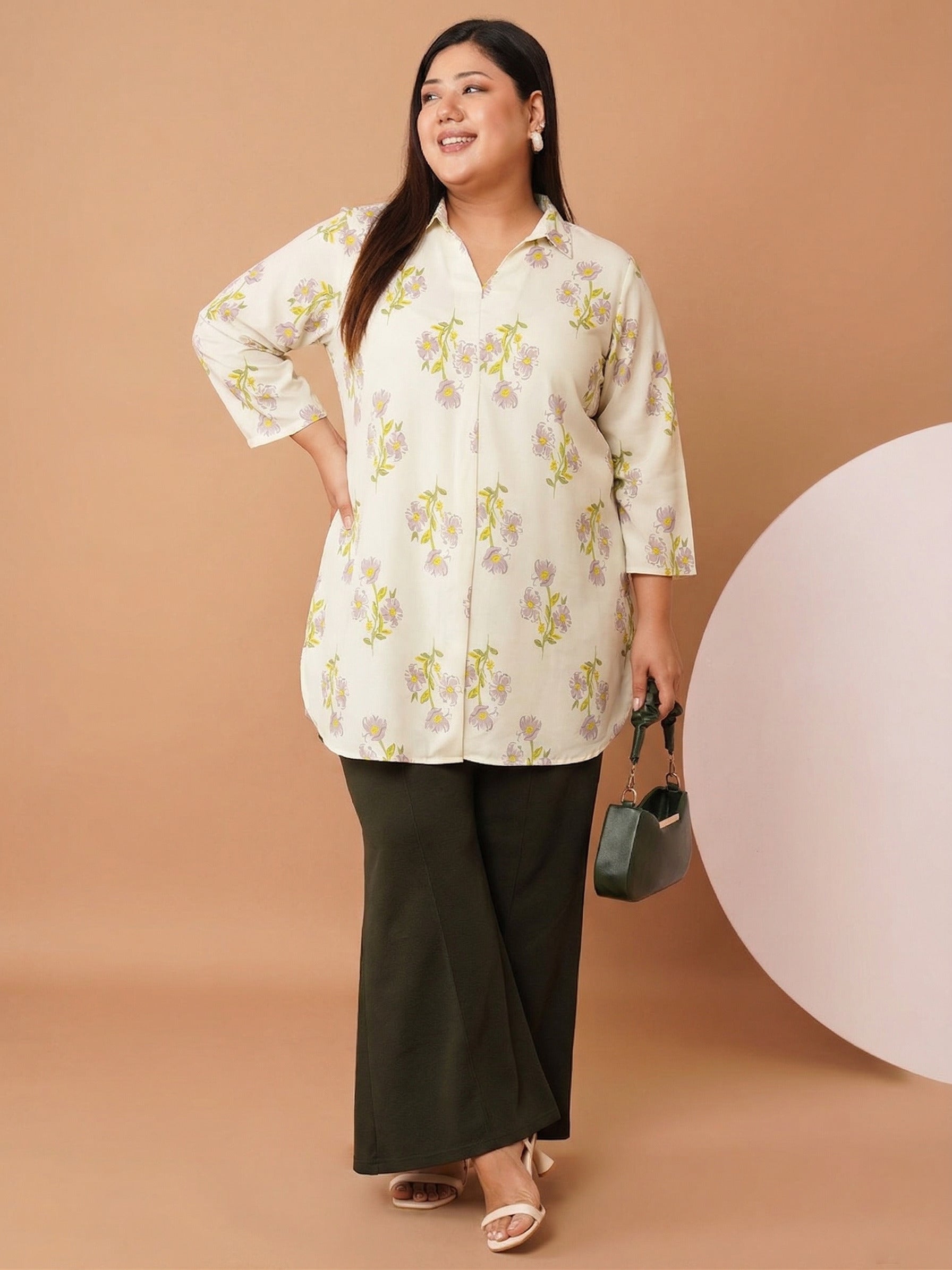 U&F Beyond Women`s Off White Floral Printed Cotton Shirt Style Top