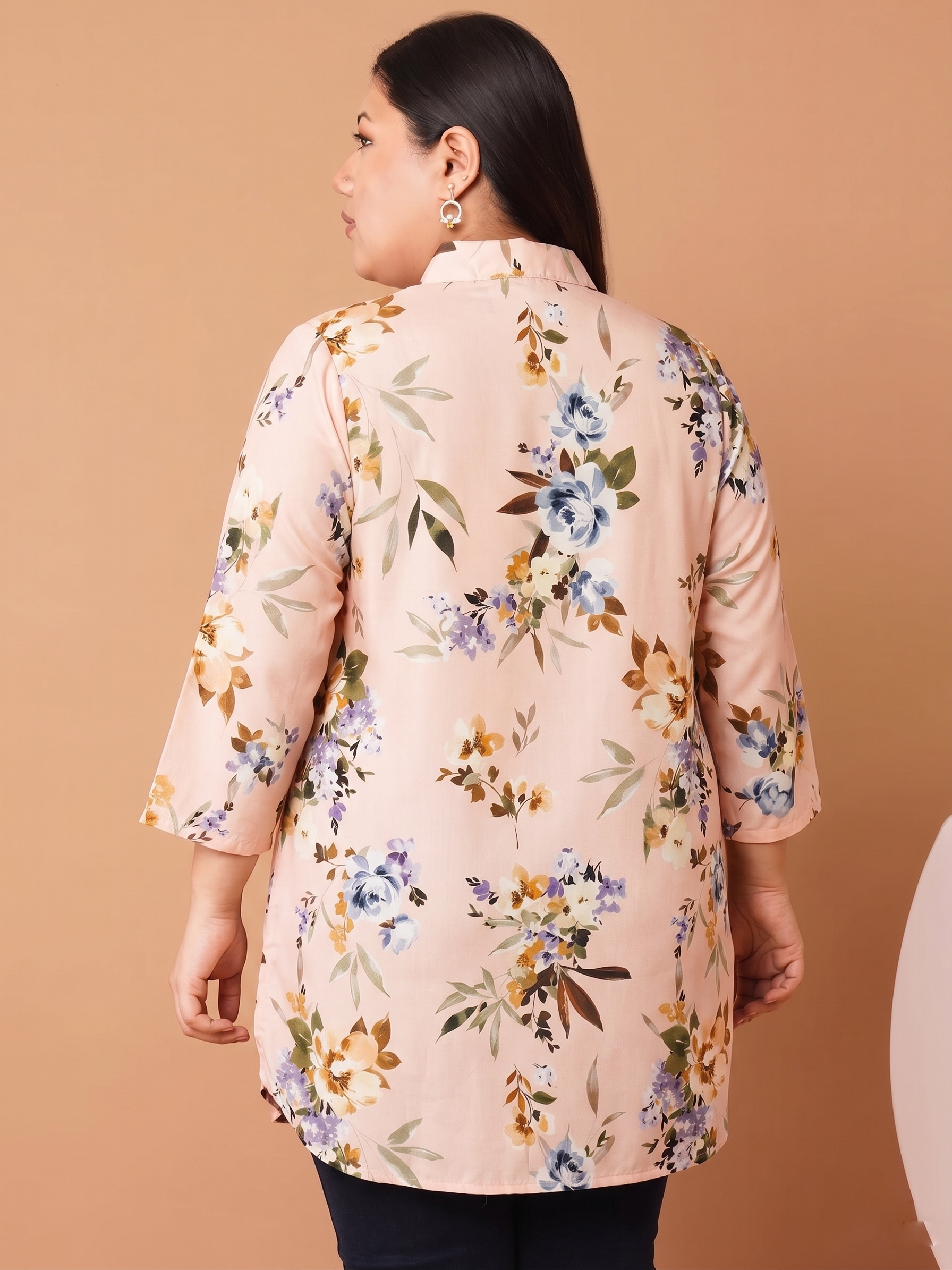 U&F Beyond Women's Plus Size Peach Floral Printed Relaxed Fit Shirt Style Top