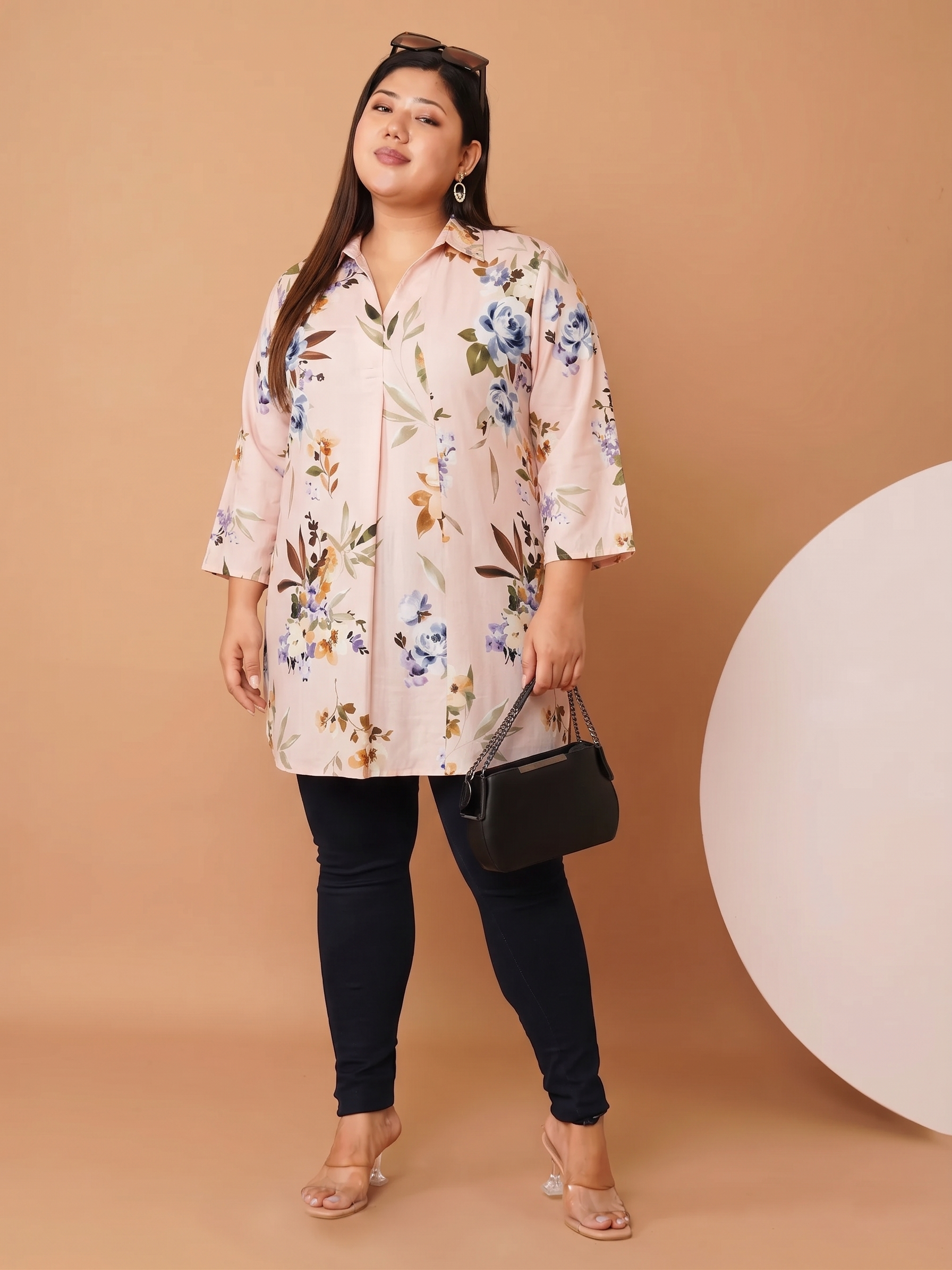 U&F Beyond Women's Plus Size Peach Floral Printed Relaxed Fit Shirt Style Top